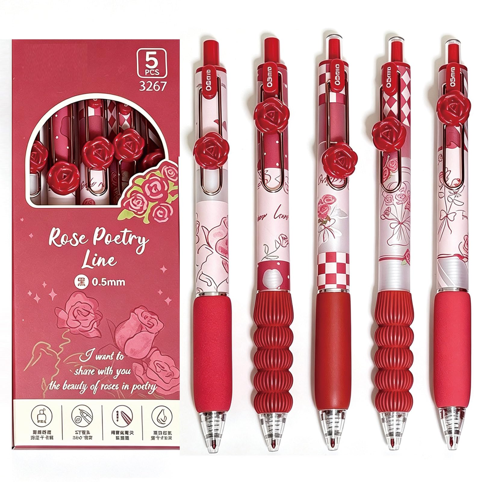 MOZXIRZ 5 penne a inchiostro gel retrattili, graziose penne estetiche a forma di fiore, 0,5 mm, penne a inchiostro nero, penne per scrittura per donne e ragazze, penne per ufficio e scuola (rosso)