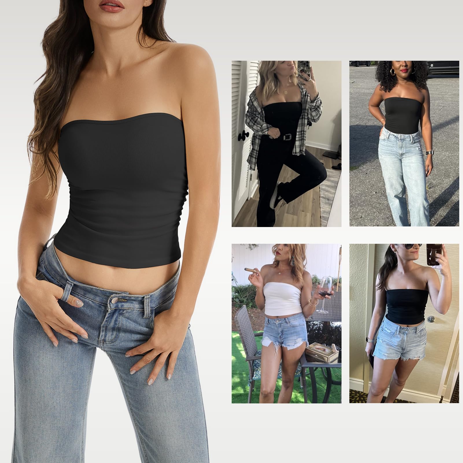 Top Bandeau para mujer, sin tirantes, corte ajustado, sin mangas, de una sola capa, básica, cómoda y ligera