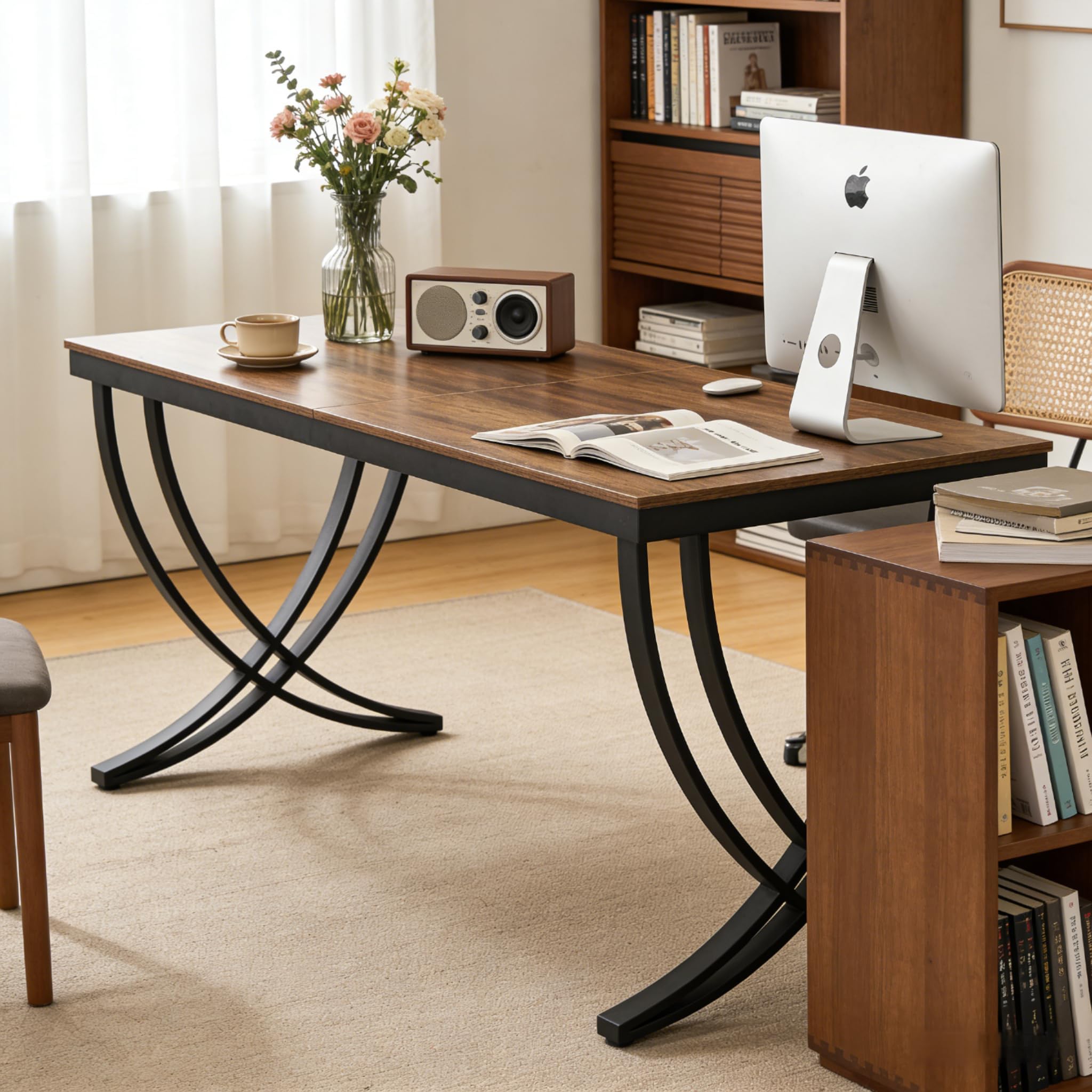 LITTLE TREE Computertisch für 2 Personen, extra lang, Chefschreibtisch, großer Bürotisch für Zwei Personen, Doppel-Schreibtisch aus Holz, Arbeitszimmer für Zuhause, Schwarz und rustikales Braun