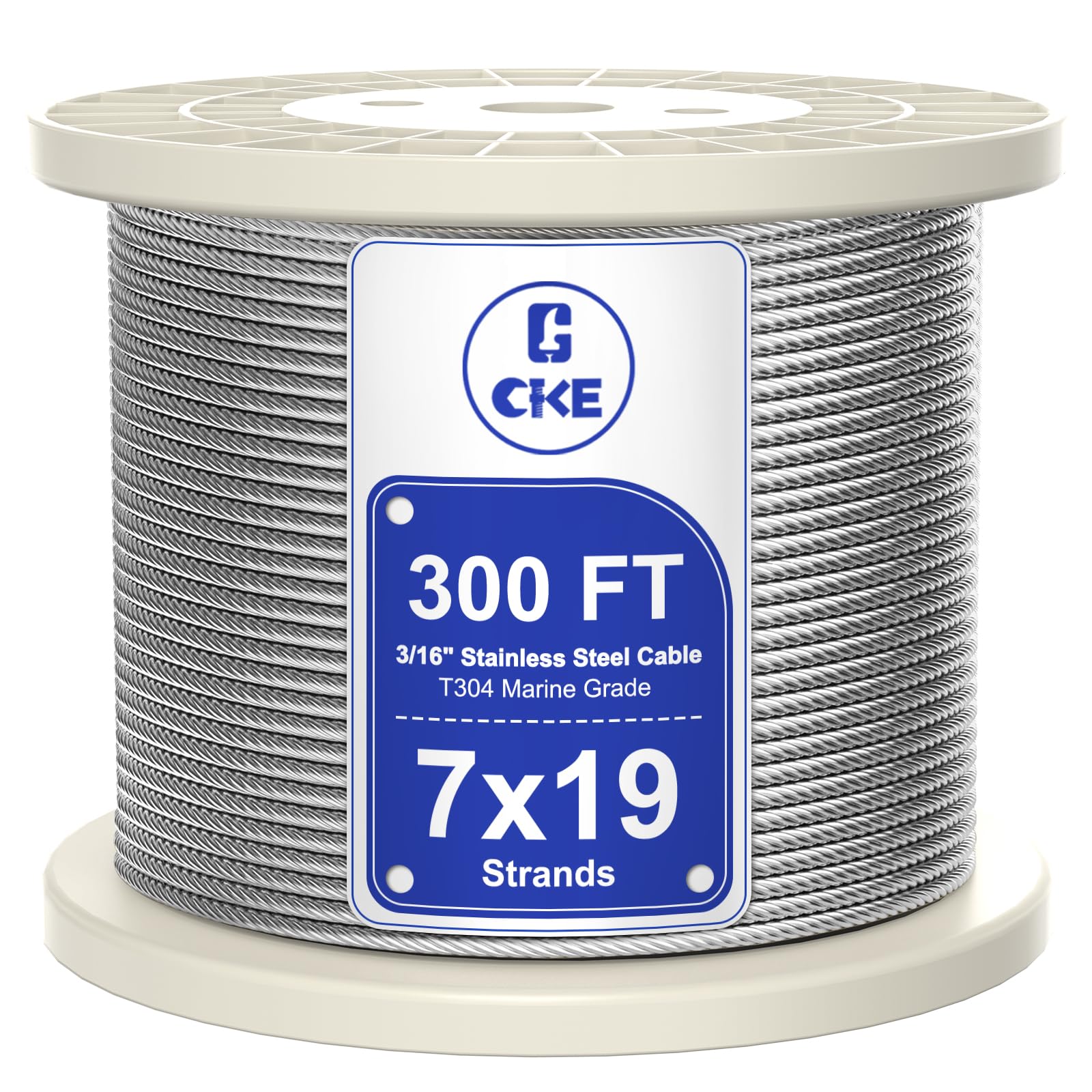 CKE 300FT 3/16" Stainless Steel Cable, 7 x 19 Strand 3/16 Inch Cable Wire Rope for Deck Cable Railing System, 3700lbs Breaking Strength Aircraft Cable