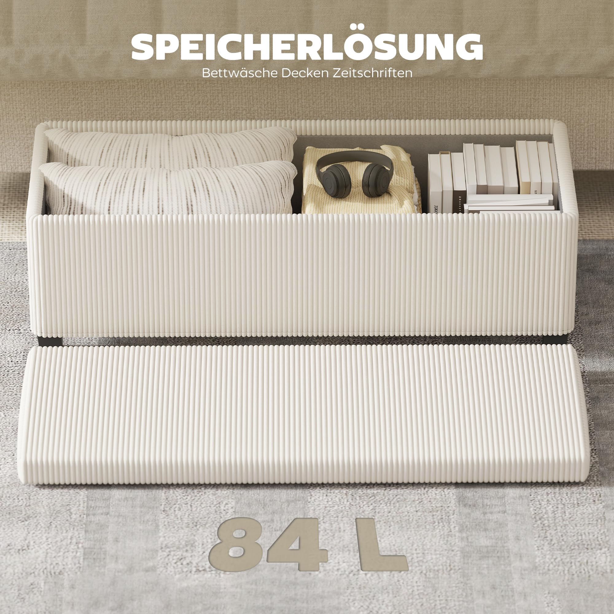 HOMCOM Sitzbank mit Stauraum Abnehmbarem Deckel 112 x 42 x 40 cm Beige | Polsterbank, Cord-Optik, Bank Sitztruhe, für Wohnzimmer, Schlafzimmer, Flur