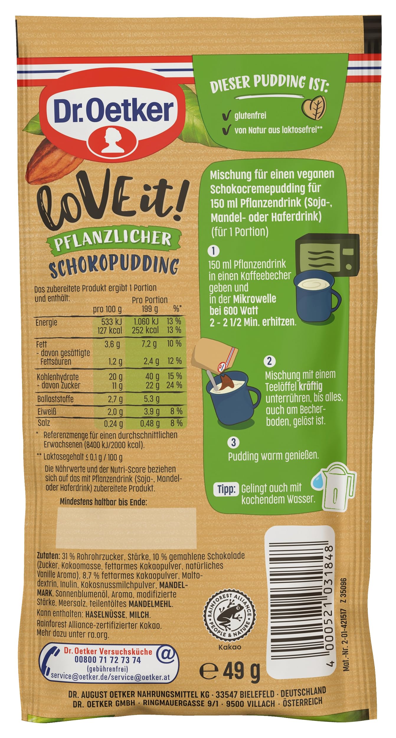Dr. Oetker LoVE it! Pflanzlicher Pudding Schokolade 12er Pack, veganes Dessertpulver für die schnelle Zubereitung eines Tassen-Pudding