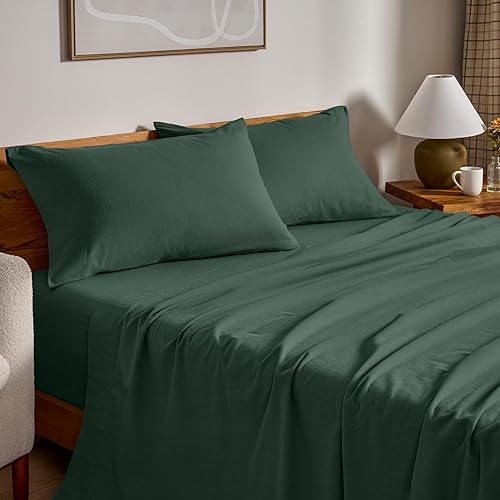 Bare Home Juego de sábanas de franela 100 algodón terciopelo suave y pesado franela de doble cepillado bolsillo profundo Queen verde bosque