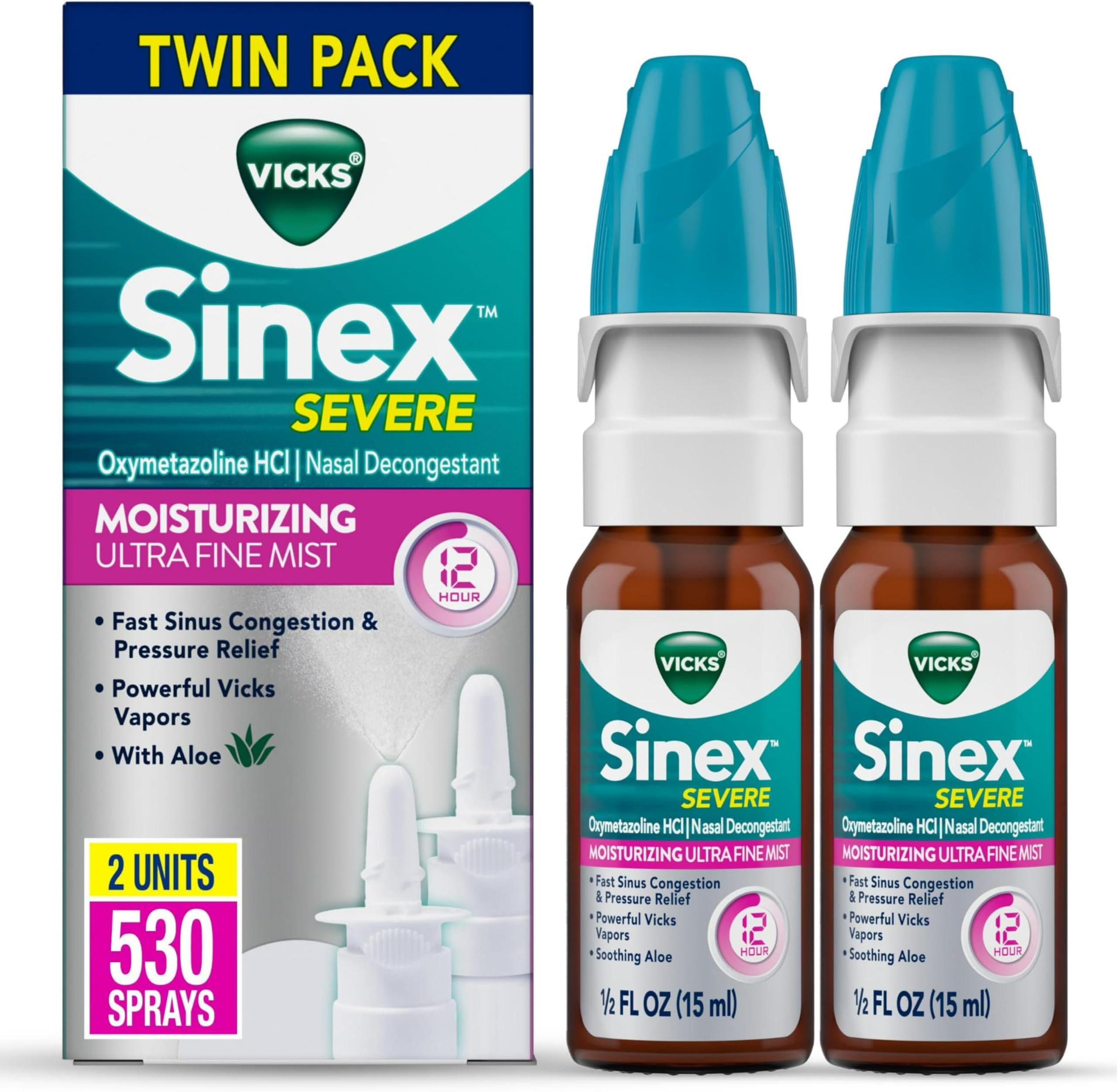 Sinex Severe Nasal Spray, Moisturizing Ultra Fine Mist with Aloe, Decongestant Medicine, Relief from Stuffy Nose Due to Cold or Allergy, Nasal Congestion & Sinus Pressure Relief, 265 Sprays x 2