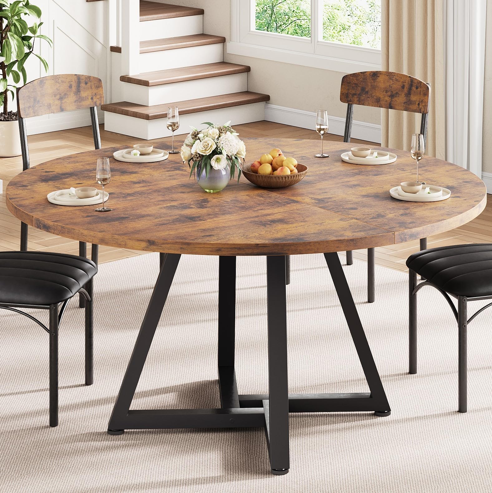 Jocoevol Table à Manger Ronde pour 4 à 6 Personnes, Table de Cuisine avec Piètement Métallique Stable, Table de Salle à Manger Gain de Place Style Industriel (Vintage Marron, 120x120x76cm)