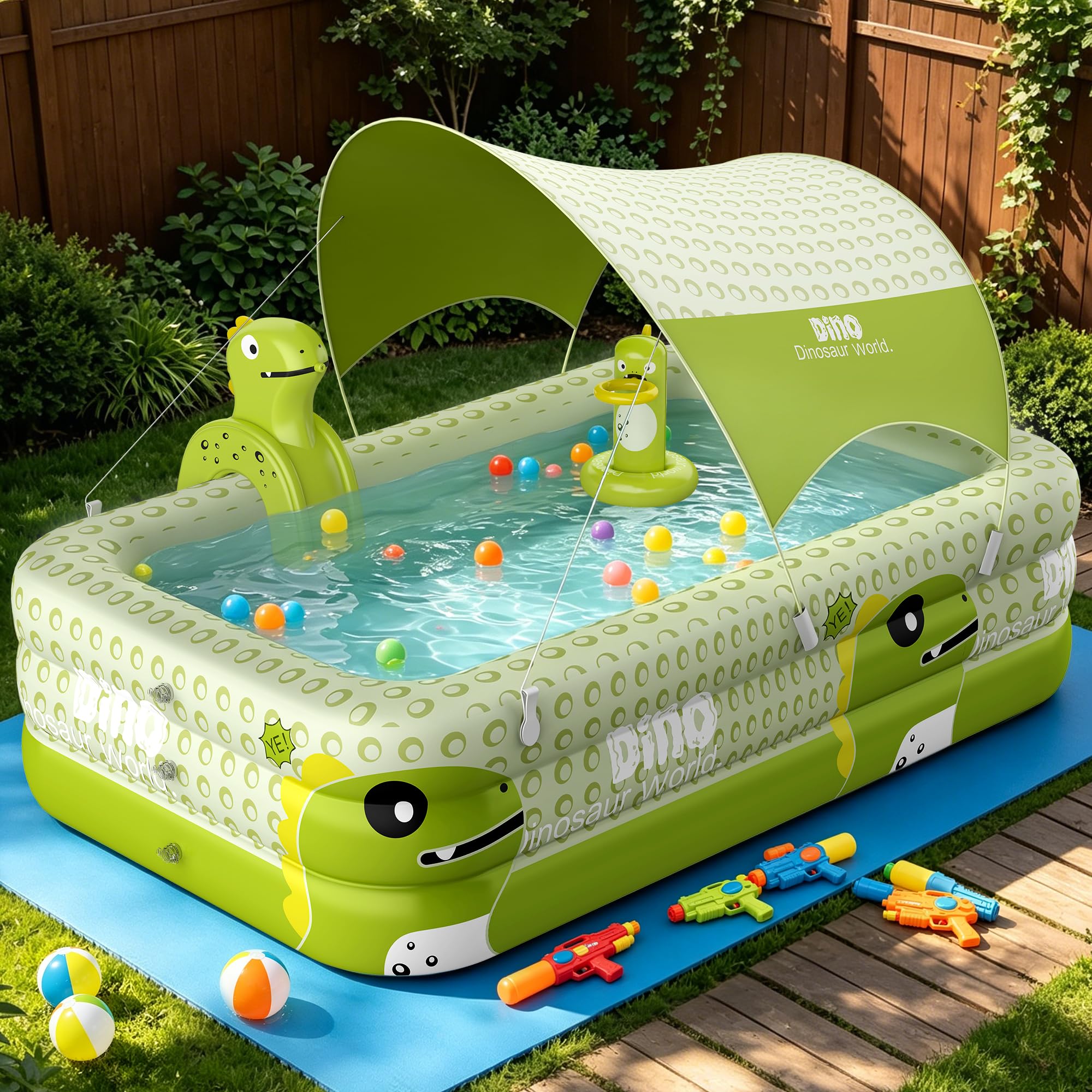 Photo 1 of ** small piece broken **Inflatable Pool with Canopy, 106" Large Cartoon Dinosaur Blow Up Pool with Basketball Hoop & Water Sprayer, 0.4mm Thickened PVC Family Kiddie Pool Play Center for Adults Kids Backyard Summer Fun