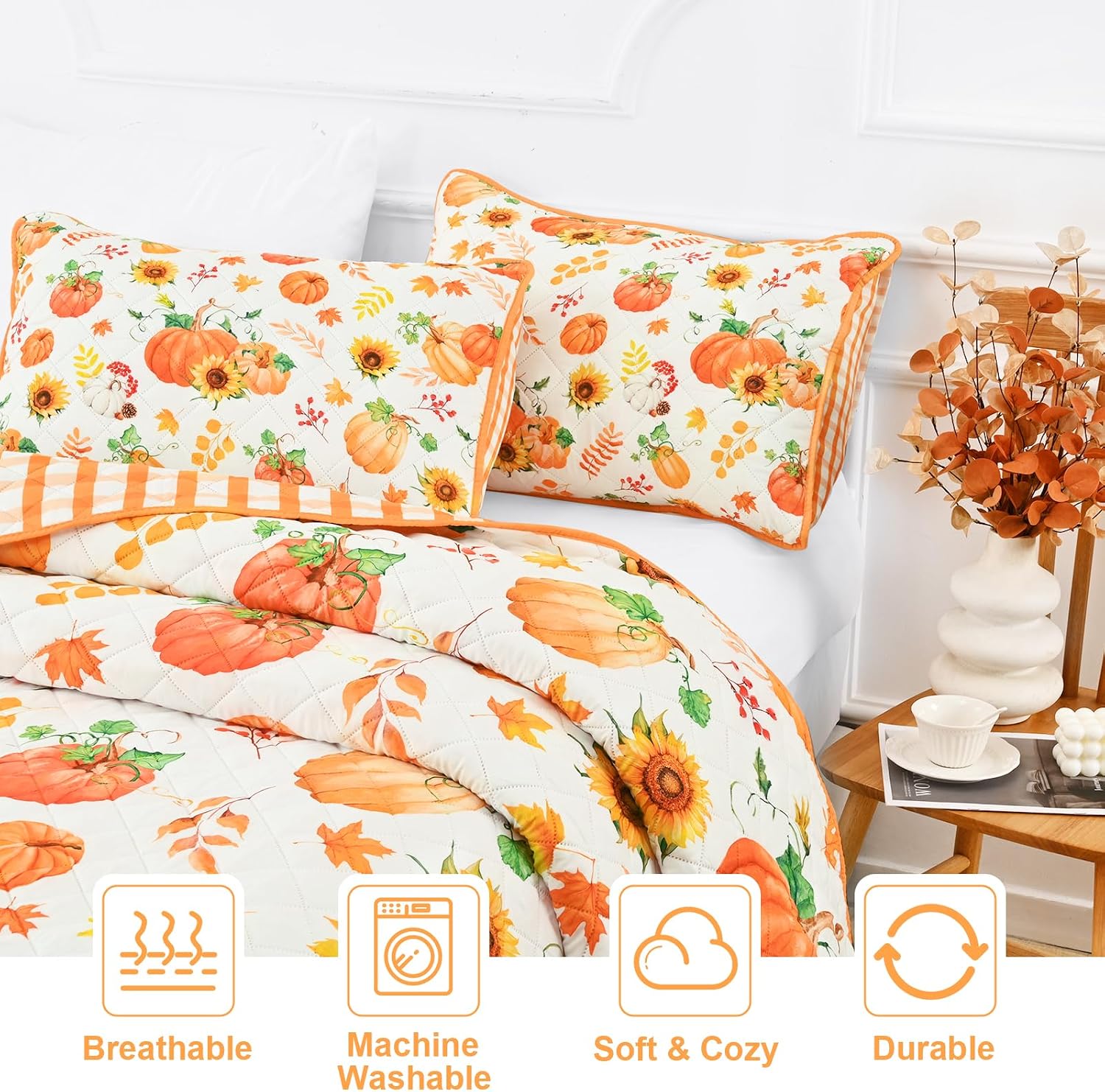 Yinhua 3 Pieces Fall Quilt King Size, Pumpkin Quilt Bedding Set with 2 Pillow Shams, Reversible Buffalo Plaid Quilts Sets Soft Lightweight Thanksgiving Day Bedspread Coverlet, 96"x106", Orange