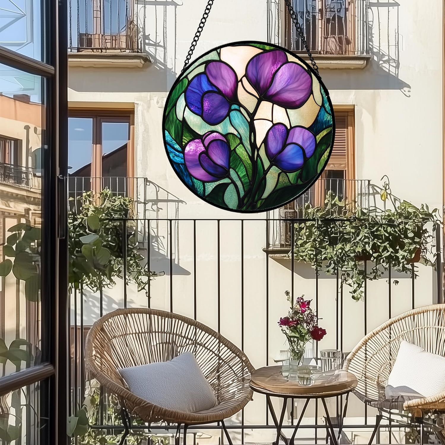 Stained Glass Window Hanging - Violet Birth Flower Suncatcher for Door Garden Yard Retro Sun Catchers Decor Christmas Mother's Day Birthday Gifts for Teacher Women Mom Nana Friend 7.8 in