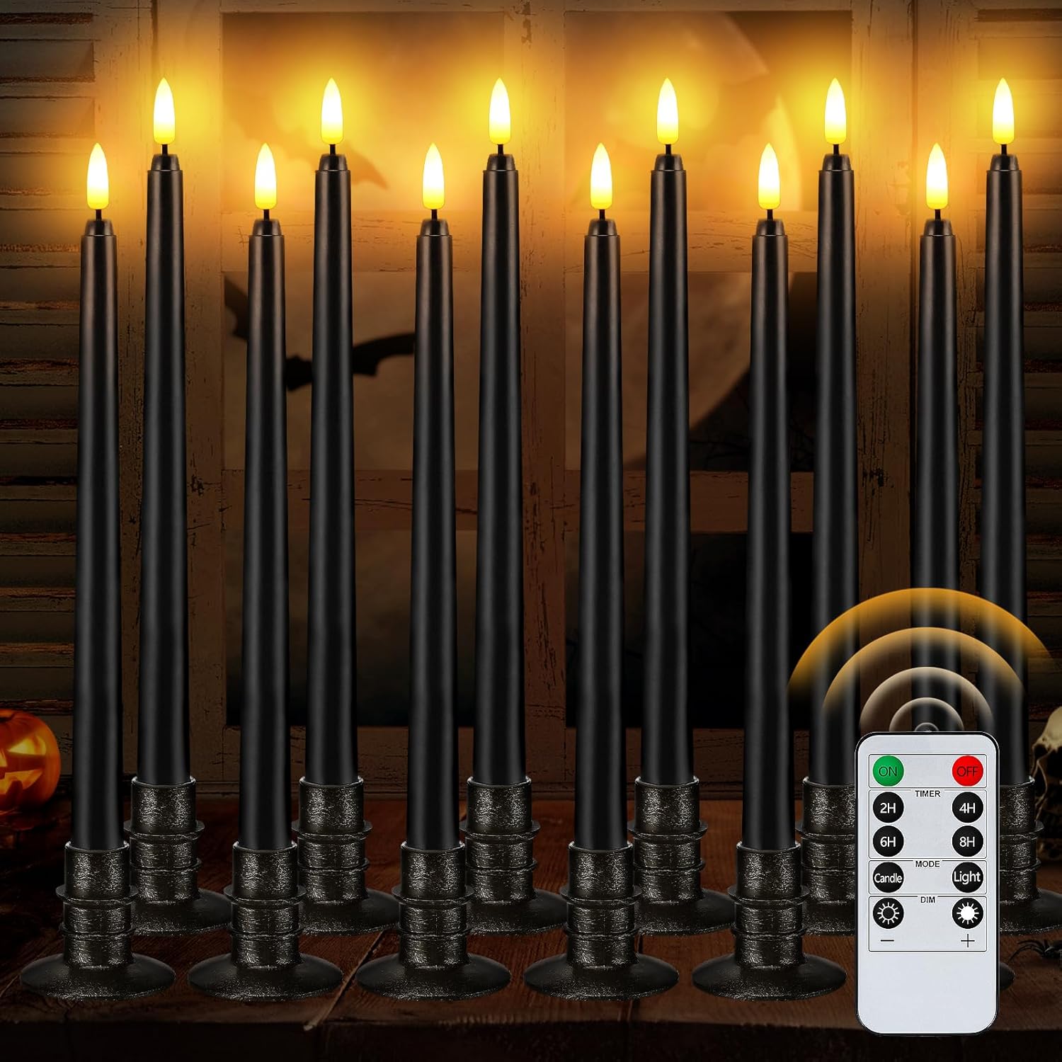 Alphatool Black Halloween Flameless Candles with Timer & Bases - 12 Pack 13 in LED Flickering Taper Candlesticks Battery Operated, Smokeless Dripless for Fireplace Table School Bar Halloween Decor