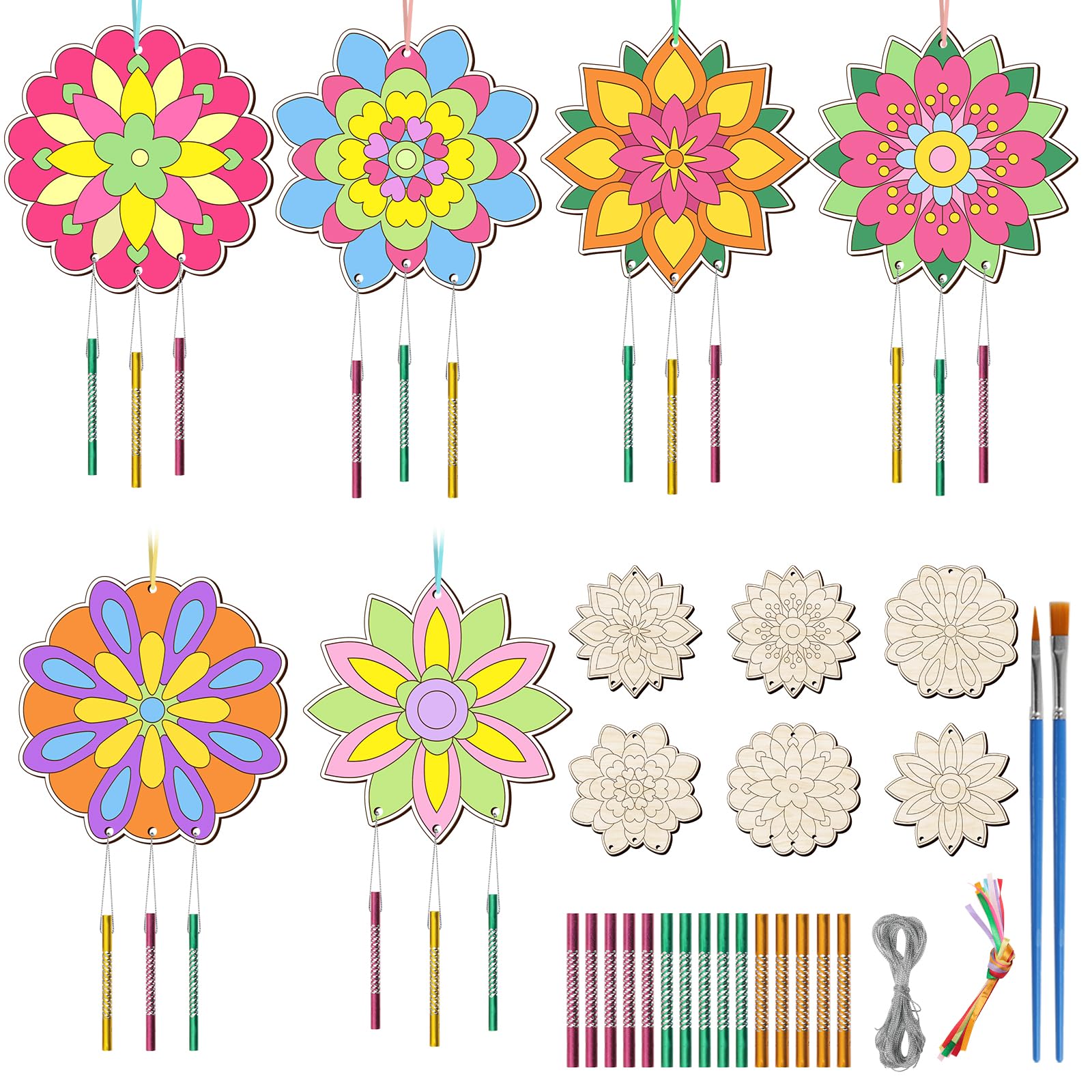 BAPHILE 6 Pack Wind Chime Kit for Kids to Paint Make You Own Wind Chimes Wooden Art Arts and Crafts Ornaments Spring Summer Party Decoration for Kids and Adults (Irregular Flower)-image-3