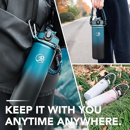 Miniatura 6 de GOSWAG Botella de agua deportiva aislada, 24 onzas, 2 tapas (con pajilla  sin pajilla), botellas de agua de acero inoxidable con mango de