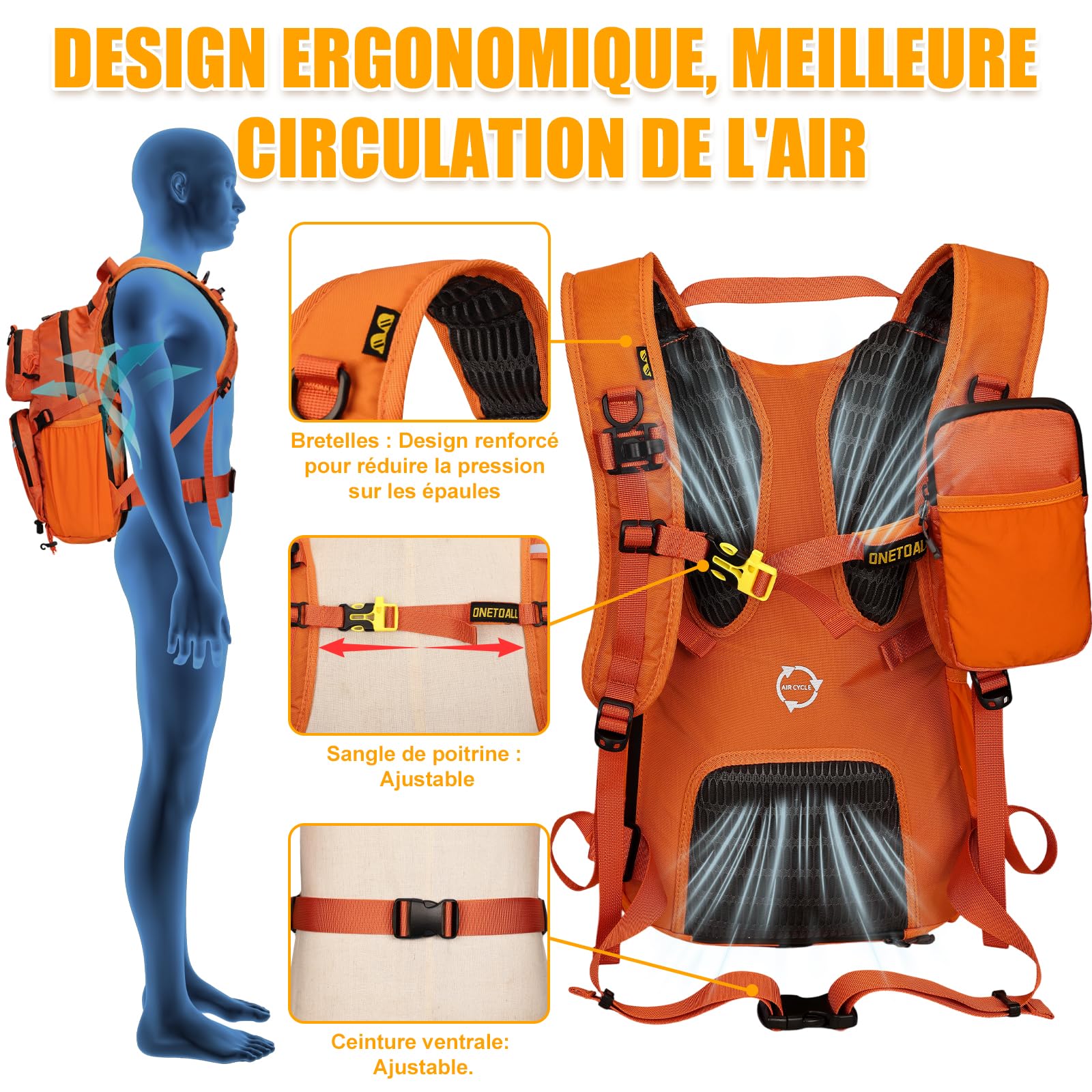 Sac à dos d'hydratation de 22 L, sac à dos de randonnée avec poche étanche de 2 L, housse de pluie cousue, compartiment isotherme pour homme et femme, course à pied, cyclisme, camping