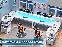 Vista 3 de SEDETA White L Shaped Desk with Fabric Drawer, Reversible 51” Corner Desk with Storage Shelves, L Shaped Gaming Table with LED Strip, Power Outlet