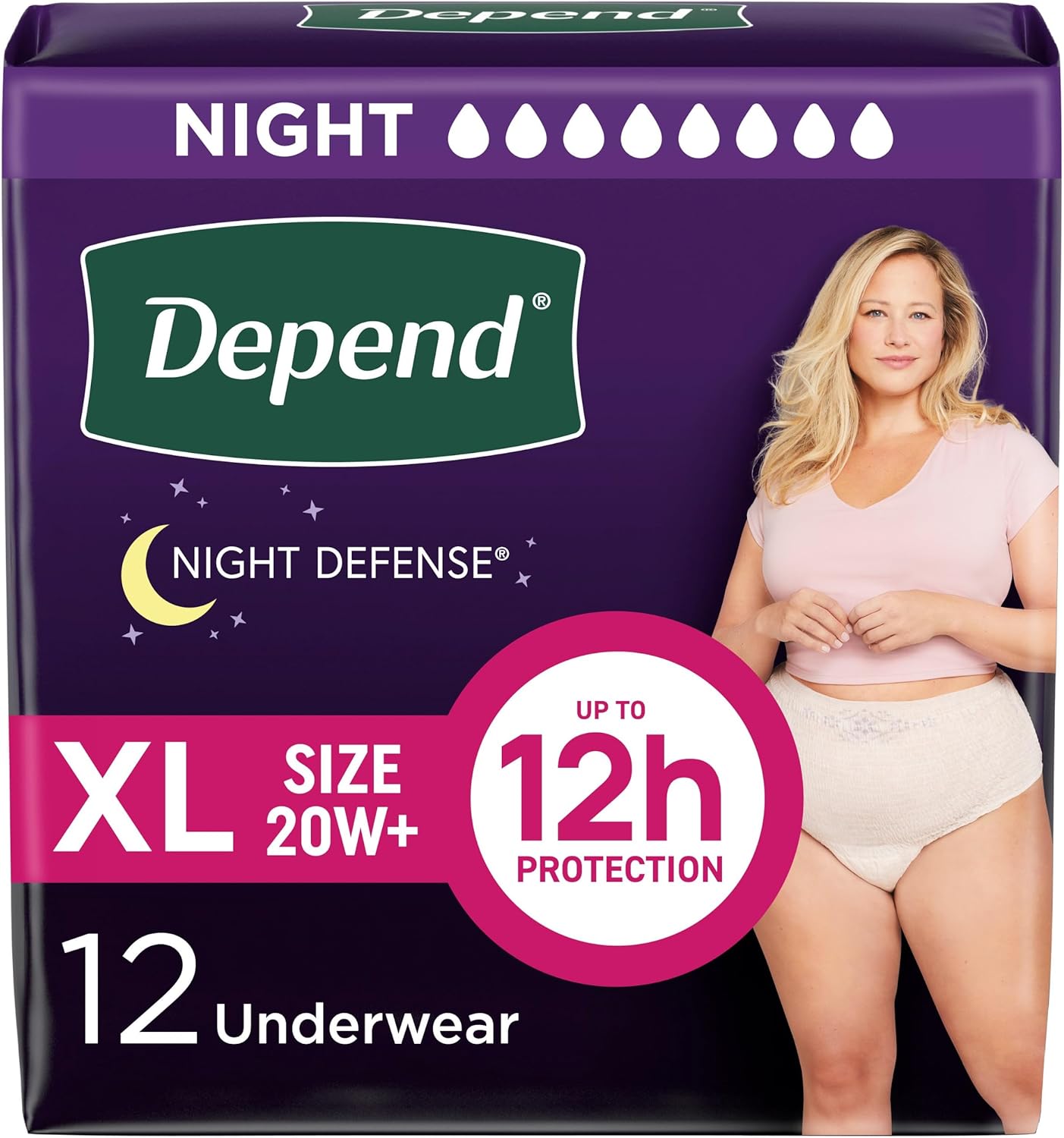 Depend Night Defense Adult Diapers, Incontinence & Postpartum Bladder Leak Underwear for Women, Disposable, Overnight, Extra-Large, Blush, 12 Count, Packaging May Vary X-Large 12