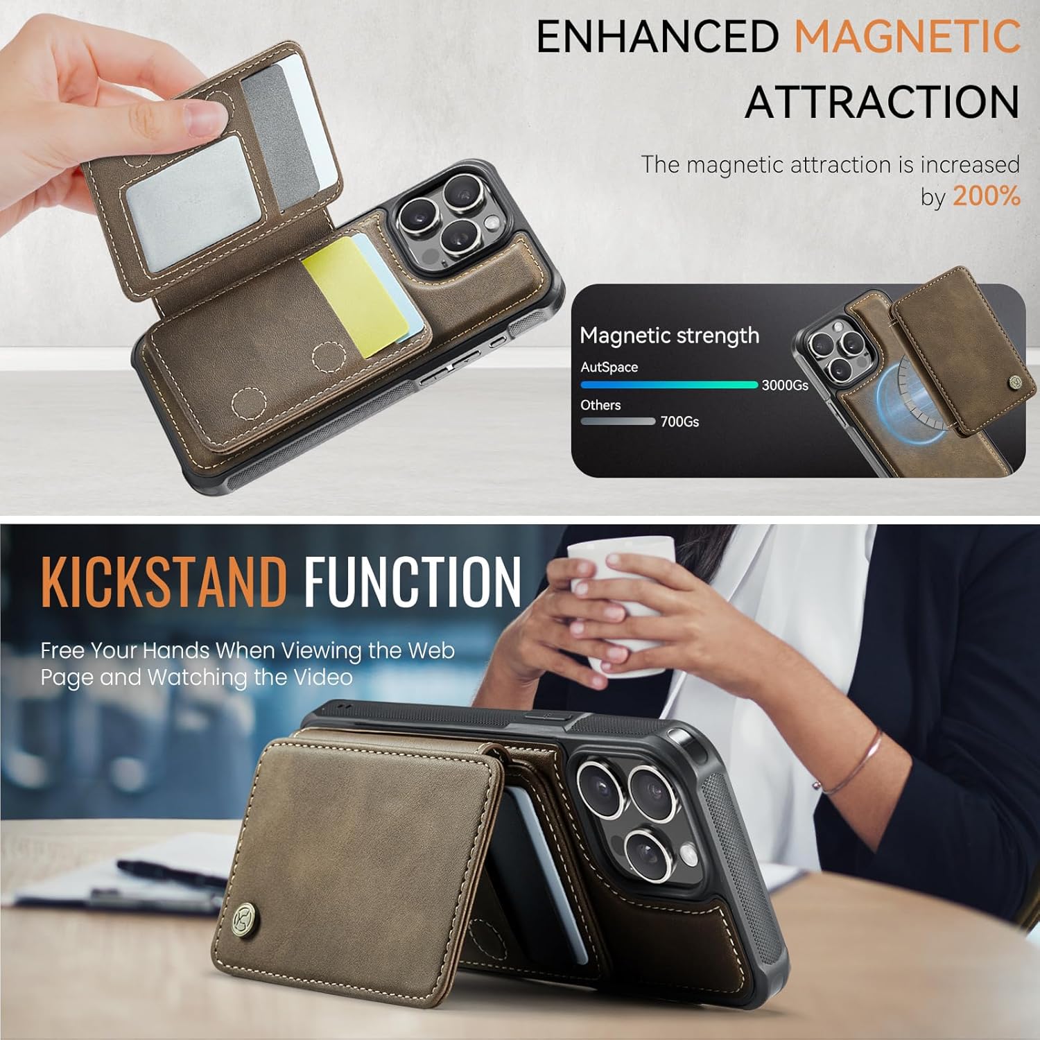 Compatible with Magsafe for iPhone 13 Pro Wallet Case Magnetic Card Holder, RFID Blocking 2 in 1 Detachable Kickstand Shockproof Case for Women Men, Brown - Image 8