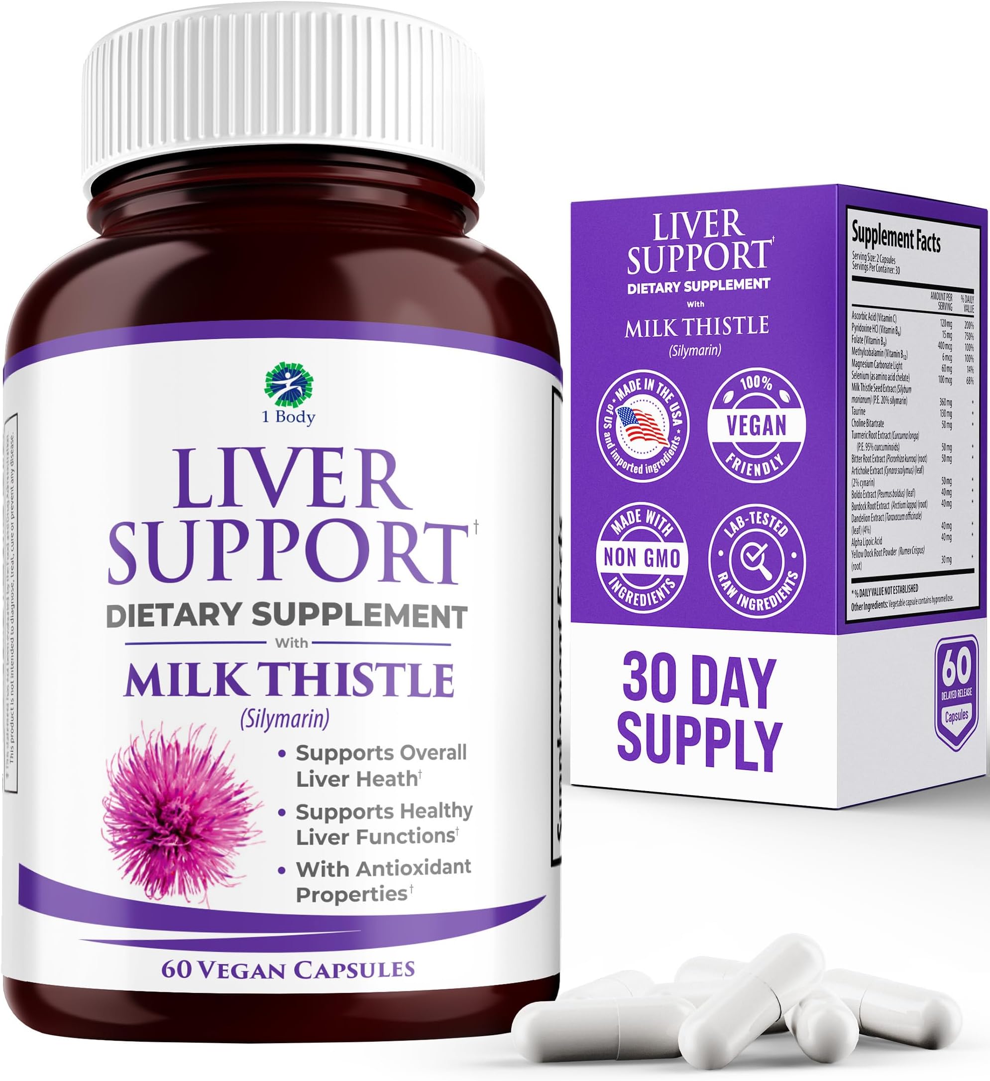1 Body Liver Cleanse and Support Supplement – Milk Thistle Extract (Silymarin), Turmeric Curcumin, Dandelion Root, Artichoke, N Acetyl L Cysteine, Vitamin B12 and More in 2 Vegetarian Capsules