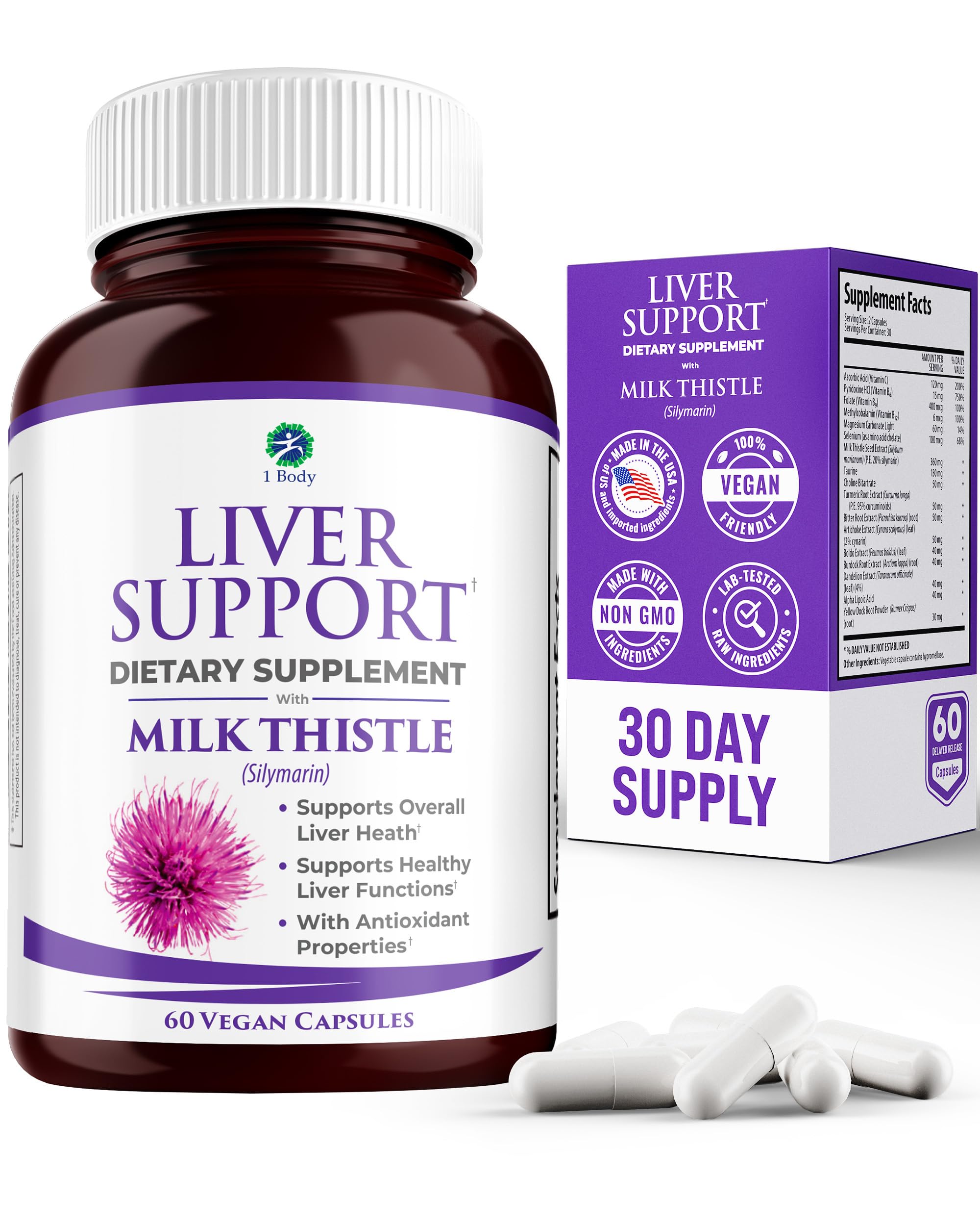 1 Body Liver Cleanse and Support Supplement – Milk Thistle Extract (Silymarin), Turmeric Curcumin, Dandelion Root, Artichoke, N Acetyl L Cysteine, Vitamin B12 and More in 2 Vegetarian Capsules