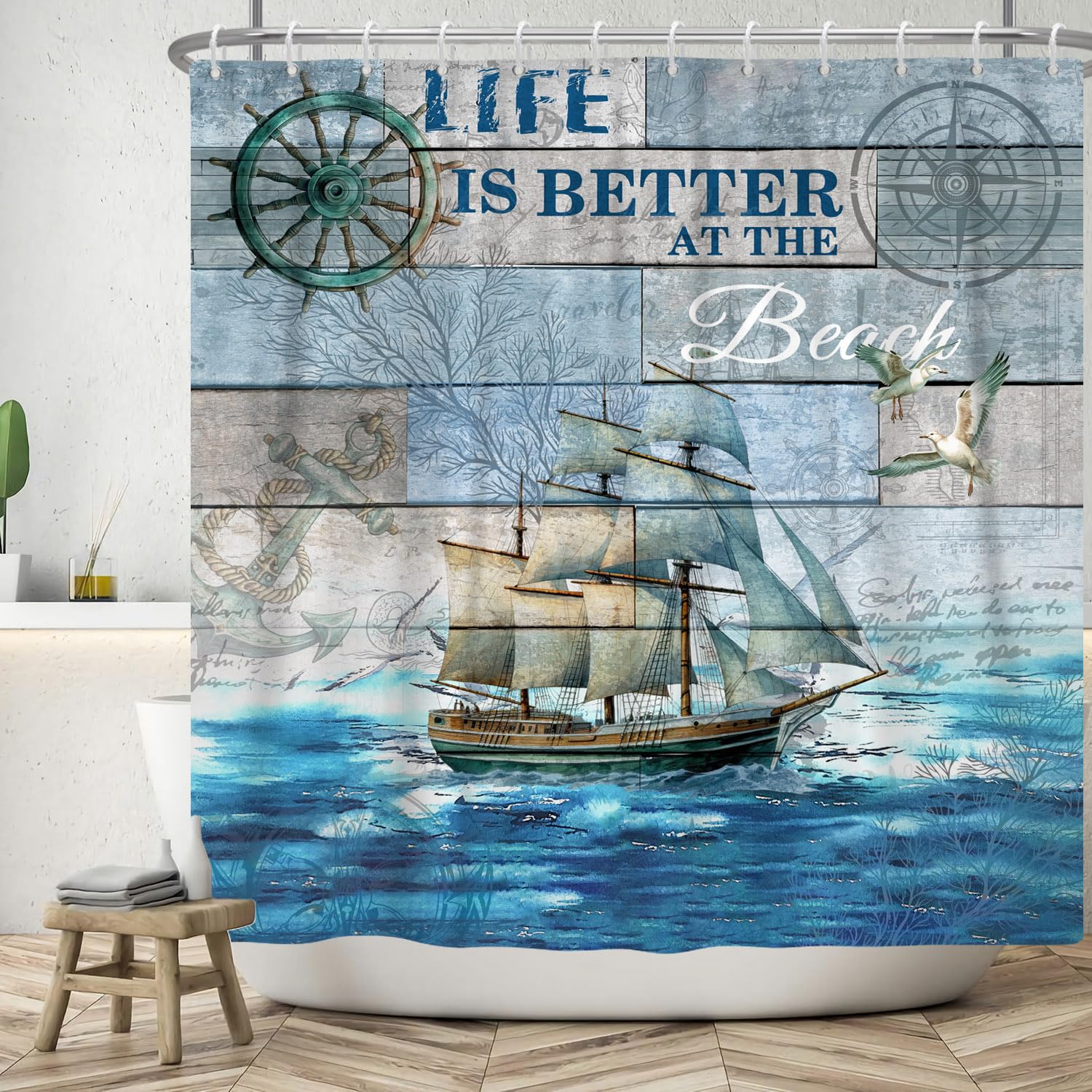 ASDCXZ Summer Shower Curtain 180x240 cm, Vintage Wood Blue Ocean Sailboats Seagull Anchor Compass Maritime Washable Shower Curtains Polyester Textile Waterproof Curtain for Bathtub with 12 Hooks — image 1
