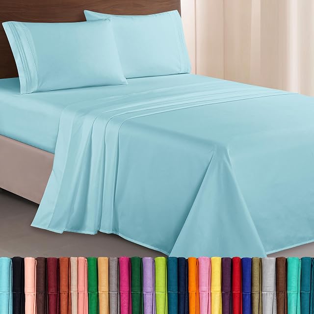 Elegant Comfort Luxurious 1500 Premium Hotel Quality Microfiber Softest Bed Sheet Set, Three Line Embroidered, King, Aqua Blue