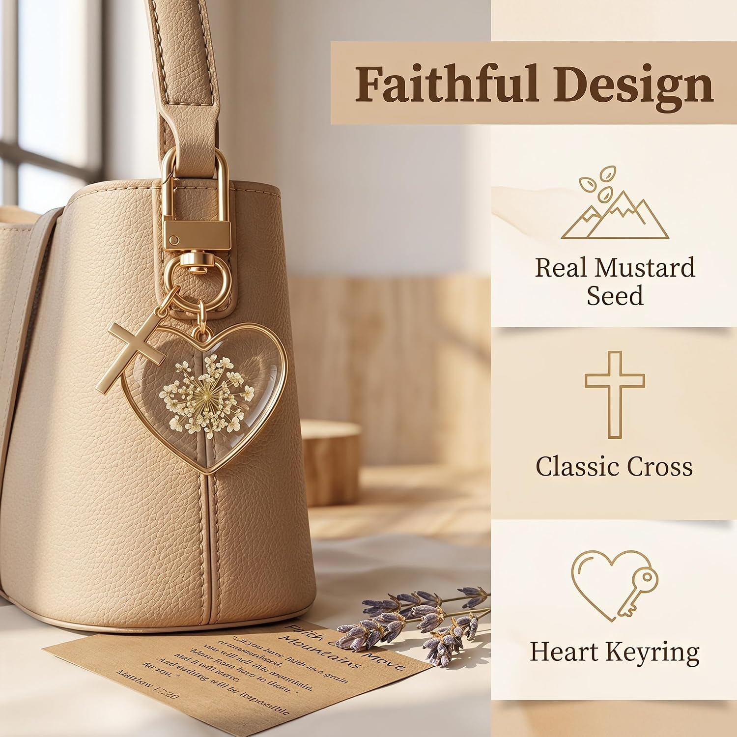 Mustard Seed Keychain, Christian Cross Heart Keyring with Bible Verse Card
