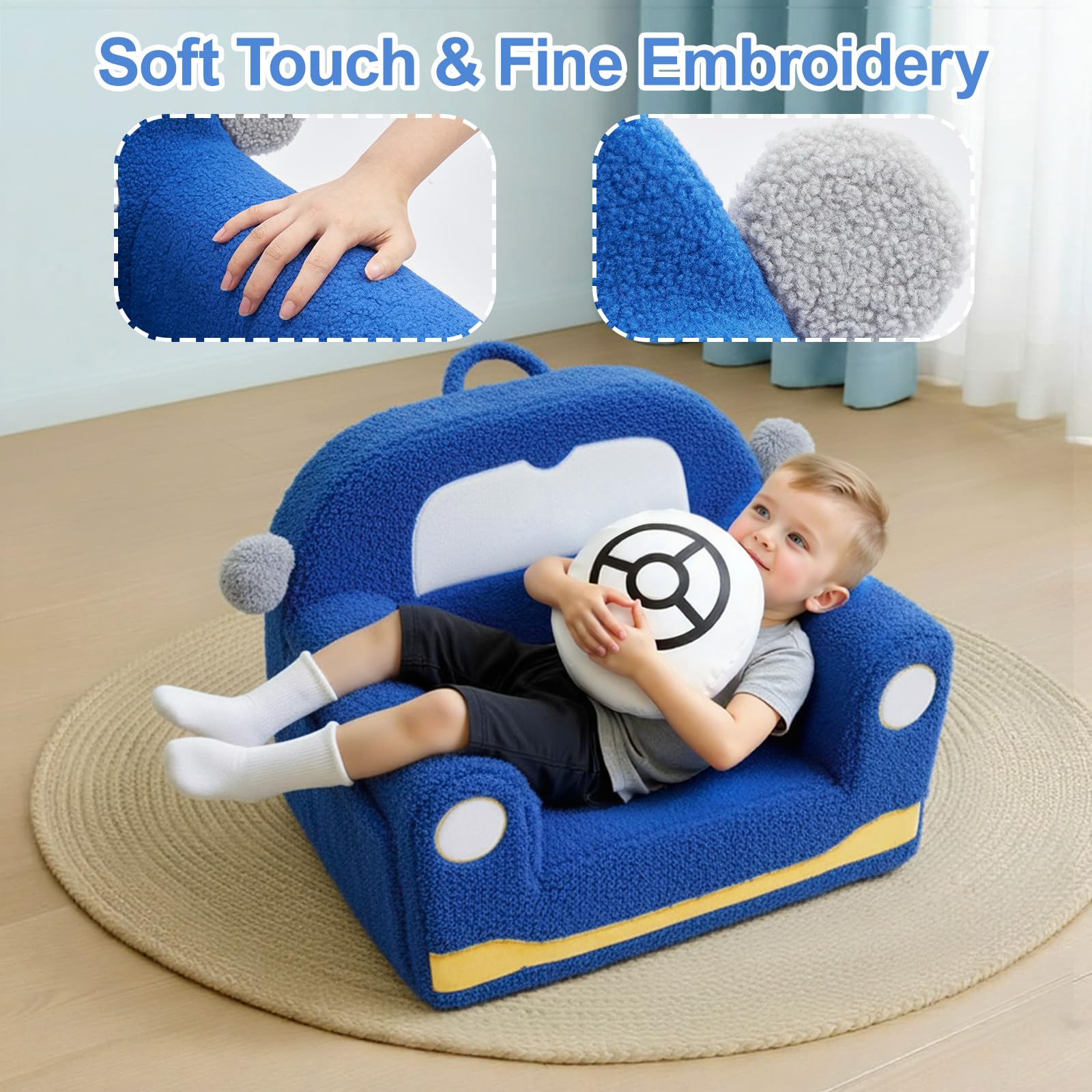 OUOZZZ Kindersofa Kindersessel ab 1 3 6 Jahre - Weich Sherpa Kindercouch mit Kissen, Mini Couch für Kinderzimmer Jungen und Mädchen, Auto Blau