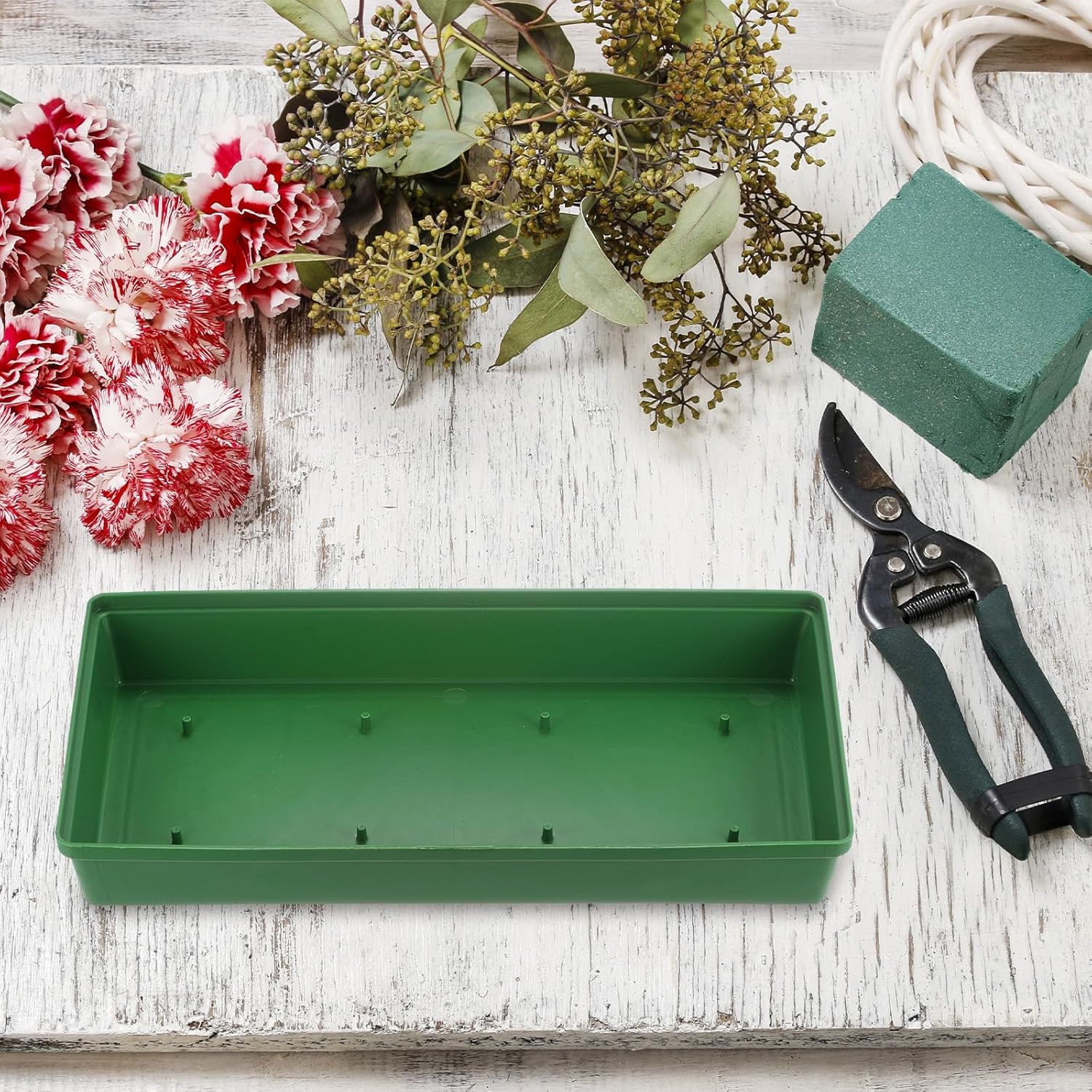 M METERXITY 10-Pack Floral Centerpiece Trays, 10.24 Inch Plastic Bowl Flower Arrangement Base for Table/Party/Wedding Decor, Rectangular Flower Foam Holder Box [Green]