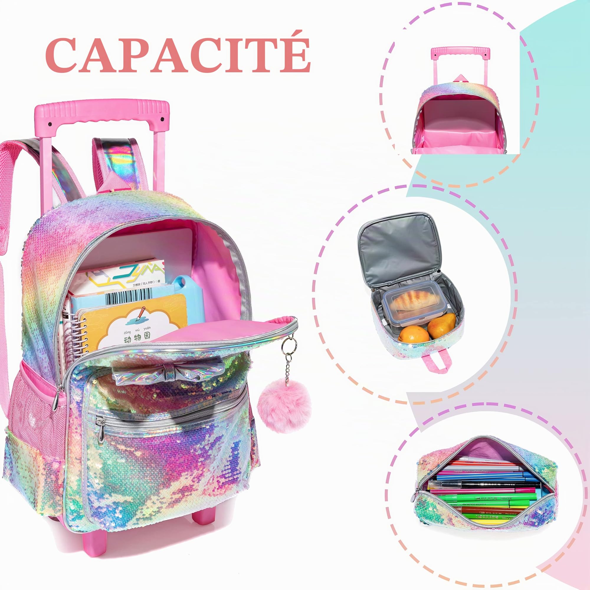 HTgroce Cartable Fille Primaire roulettes, 3 en 1 Cartable Fille Sac à Dos Combinaison Comprend Un Sac à Lunch et Un étui à Crayons