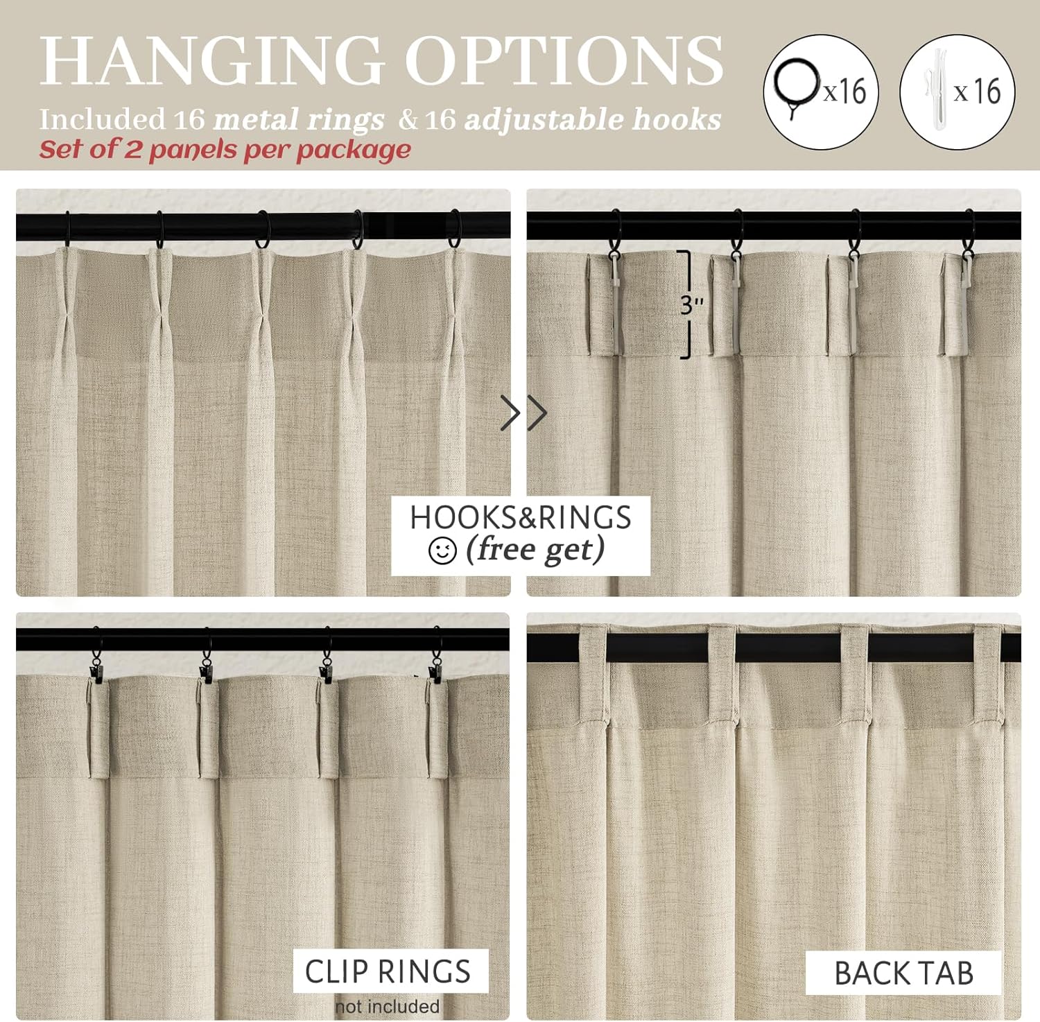 Warm Beige Thick Linen Blend Sheer Curtains 96 Inches Long for Living Room 2 Panels Set, Pinch Pleat Modern Farmhouse Burlap Windows Curtain for Dining Room Light Filtering Drapes with Hook Ring Brown