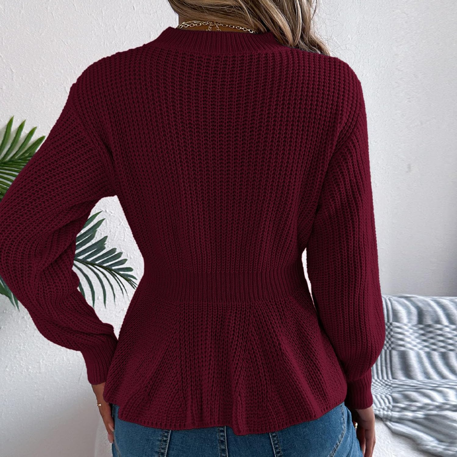 Womens Fall Winter Cute Long Sleeve Peplum Sweater Casual Crew Neck Slim Fit Cable Knit Ruffle Pullover Jumper Tops - Image 3