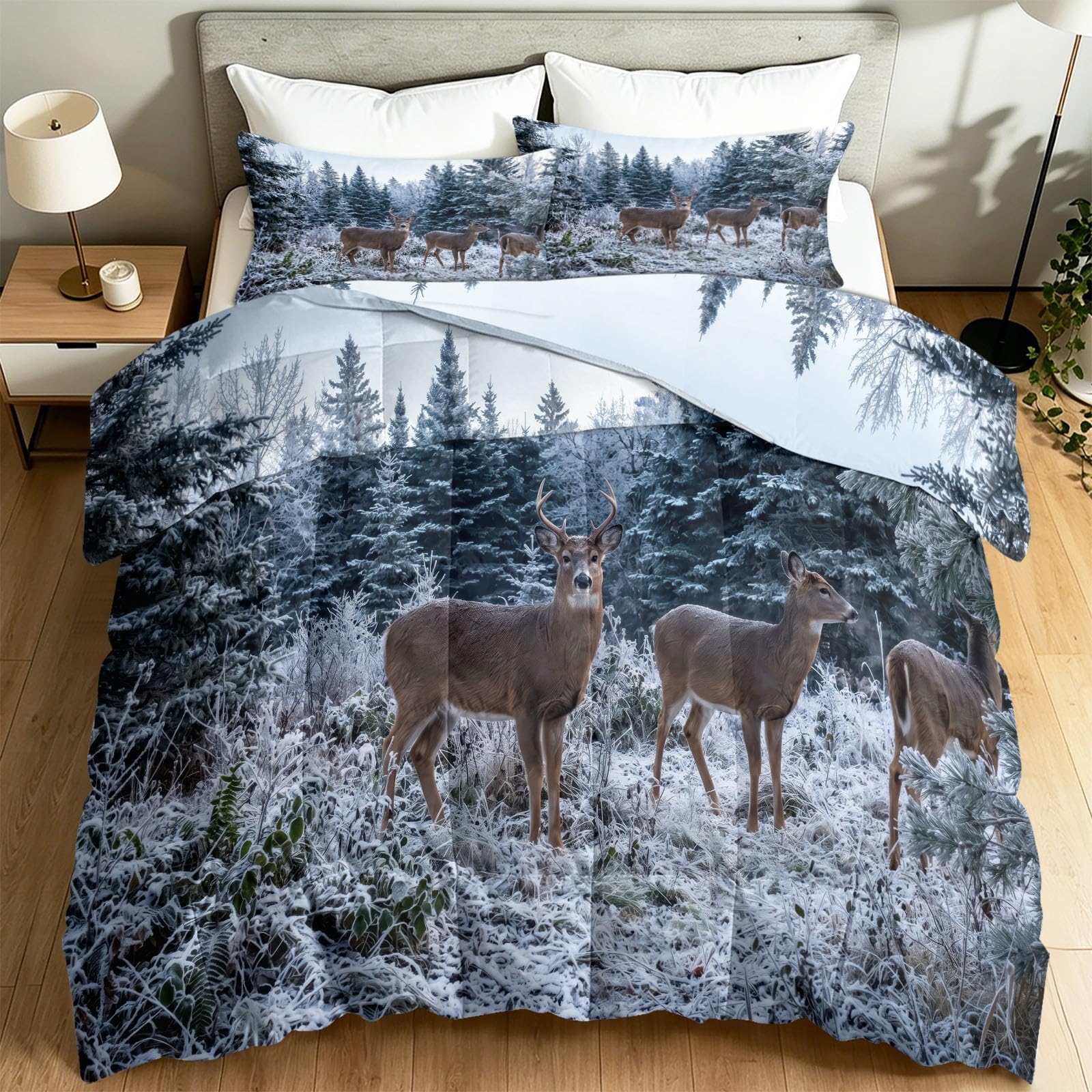 Edredón sin funda de edredón individual de 4,5 tog, 135 x 200 cm, acolchado natural de verano, rebaño de ciervos y paisaje de invierno, manta reversible de paisaje de animales para habitación de