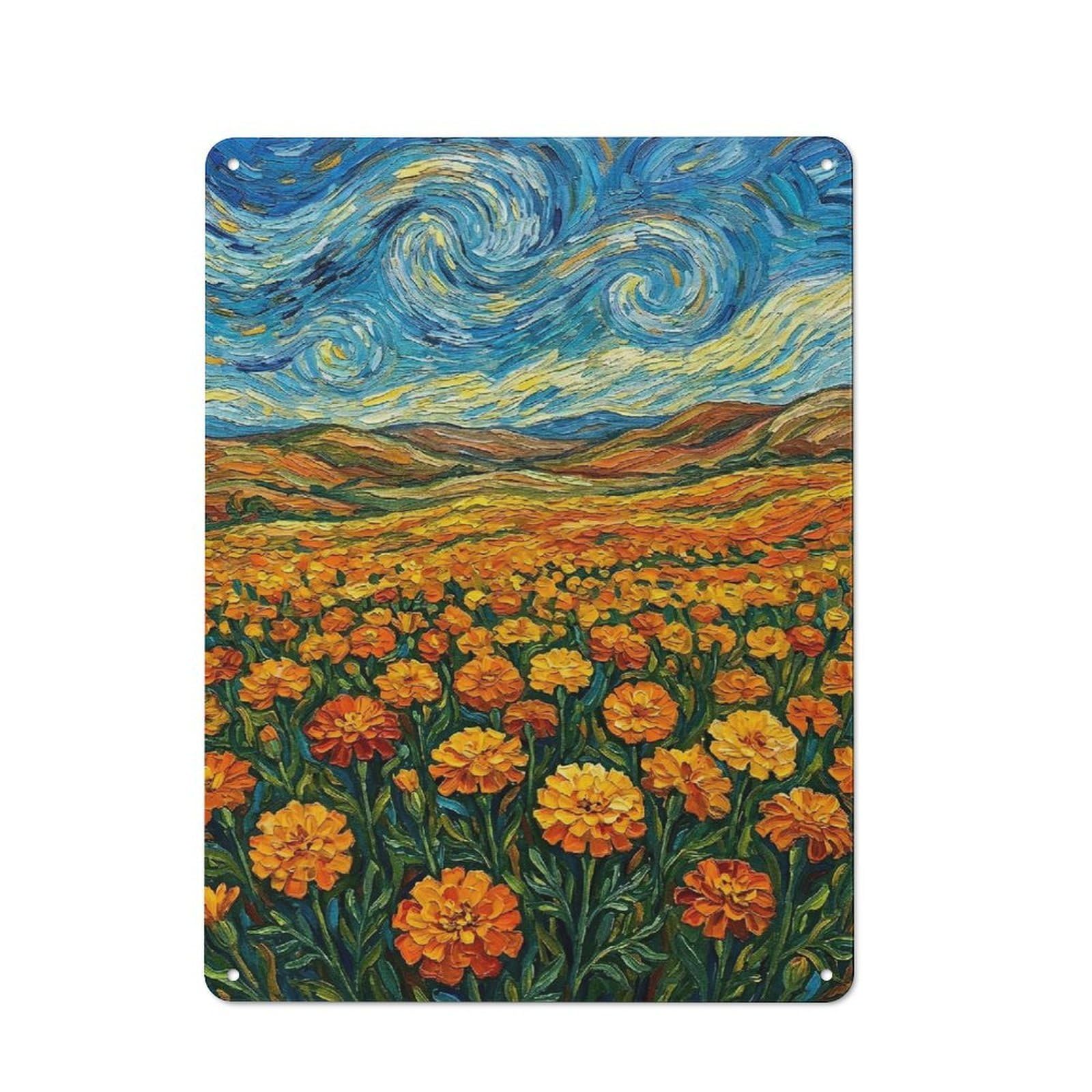 Junmoney Style-4 Tin Sign 40X30cm With Marigold Field Impressionist Painting For Garage Wall, Vintage Decor, A Housewarming Gift For Fans Of Vintage Interiors