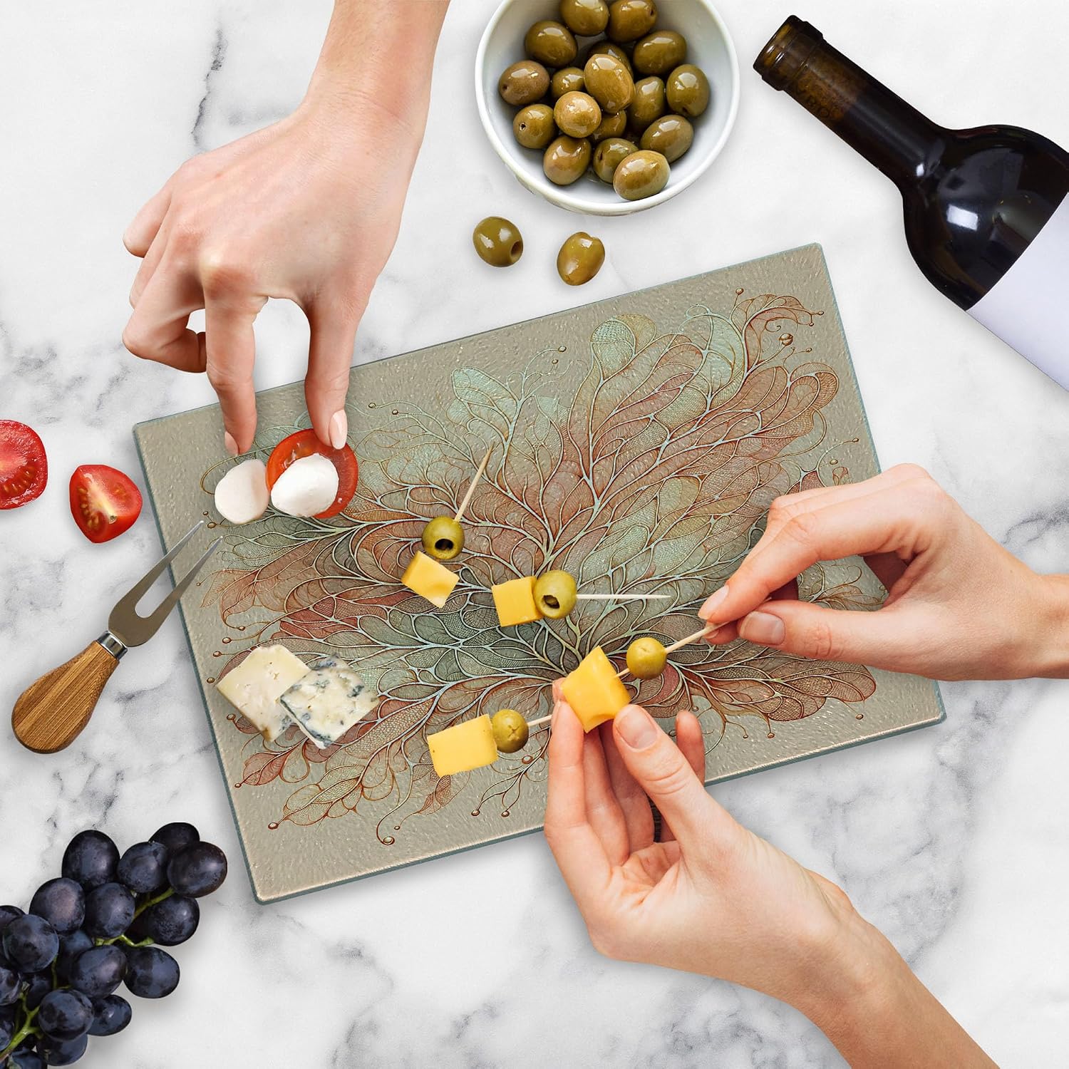 Ambesonne Peach Cutting Board, Watercolor Style Scale and Leafy Look Abstract Branches Tender Colors, Decorative Tempered Glass Cutting and Serving Board, Small Size, Salmon and Pale Sage Green