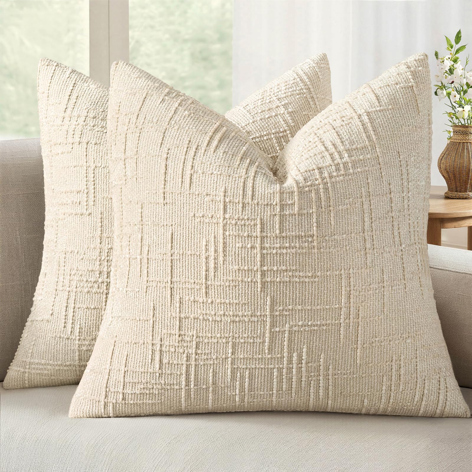 Photo 1 of MIULEE Textured Throw Pillow Covers Thick Chenille Decorative Pillows Beige 20x20 Inch Set of 2 Modern Boho Farmhouse Home Decor Neutral Cushion Covers for Couch Sofa Living Room Bedroom