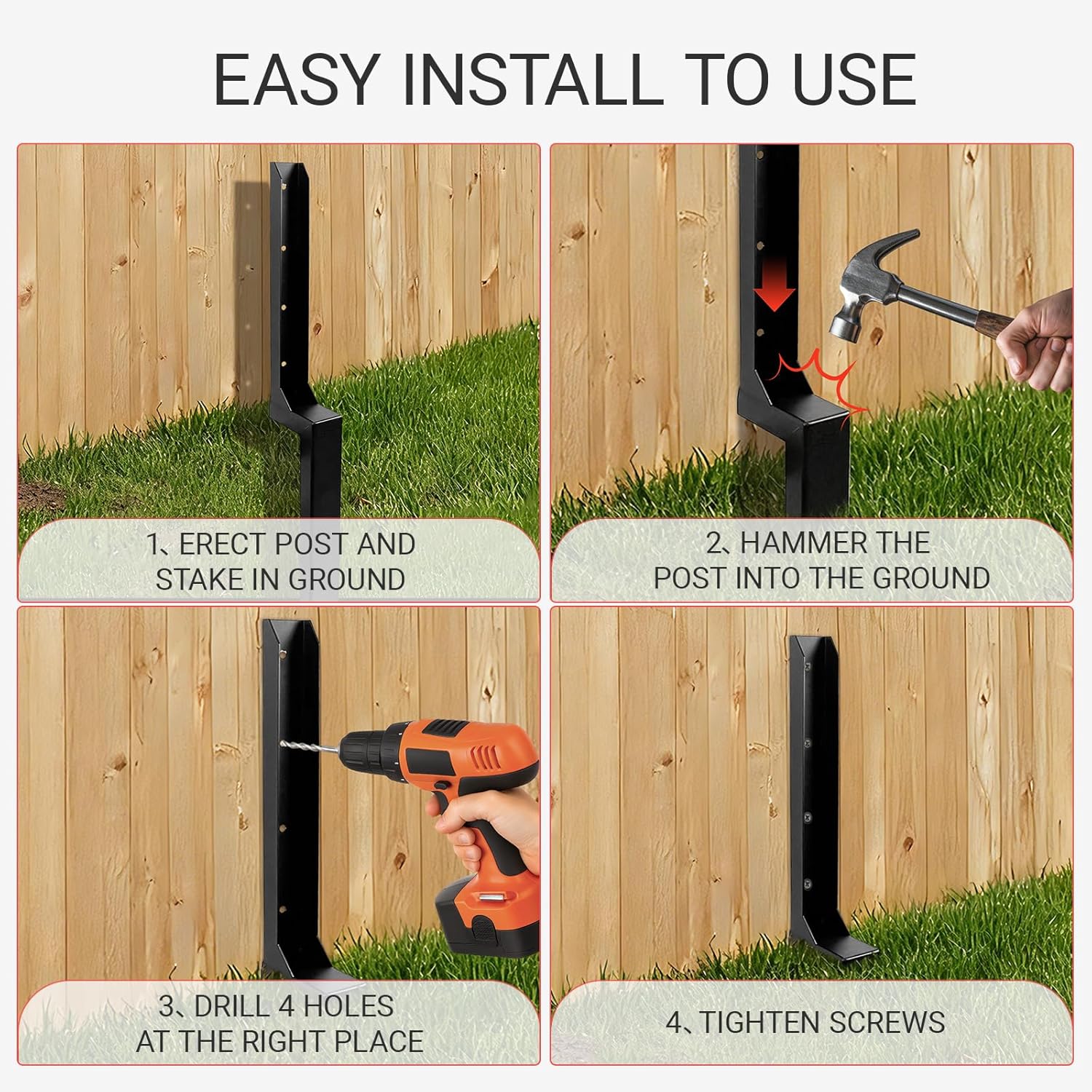 2Pack Fence Post Repair Kit, One-Piece 4x4 Fence Post Anchor, Heavy Duty Steel Ground Spike for Repairing Tilted or Broken Wooden Posts