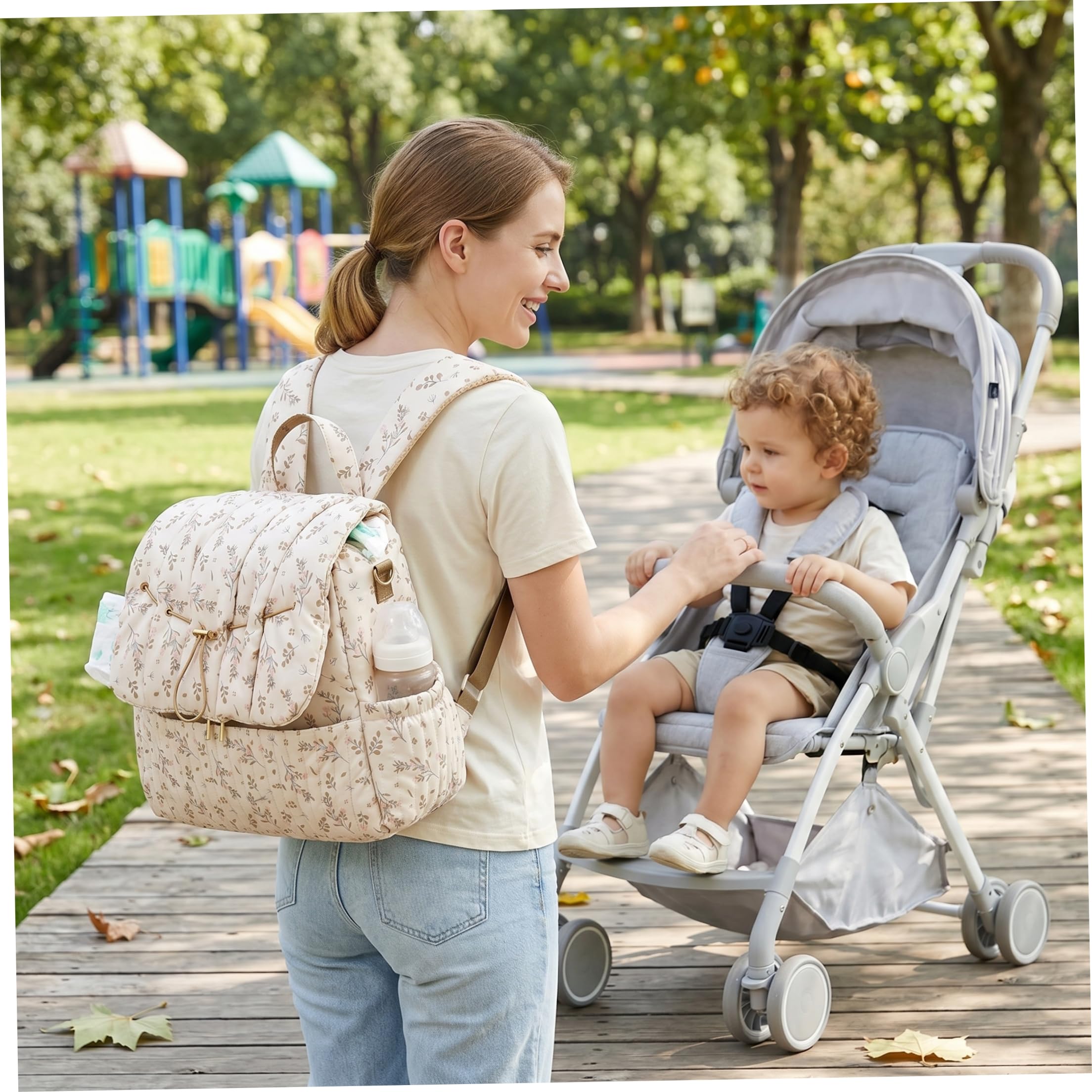 Bolsa de pañales floral, mochila de pañales floral, bolsa de múltiples bolsillos para madres, elegante mochila de viaje y al aire libre para madre (beige)