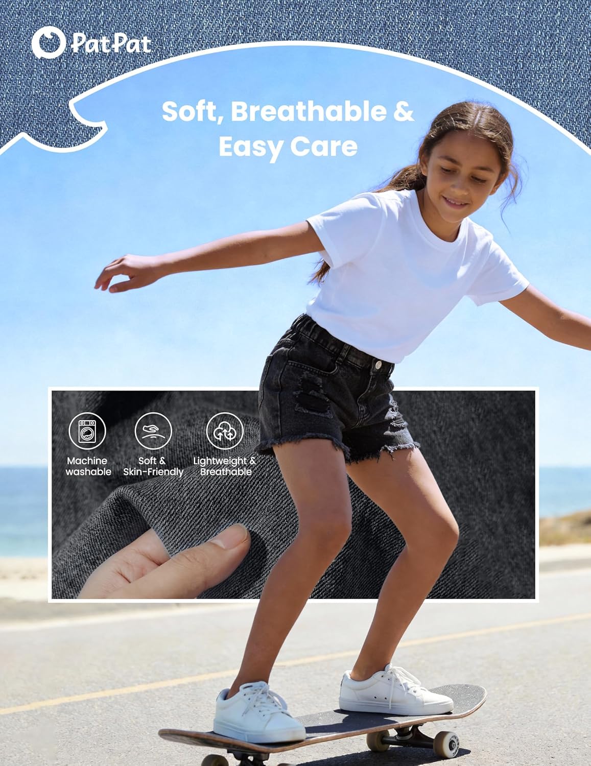 PATPAT Girls Ripped Jean Shorts 5-14Y, Y2K Vintage Mid Waist Straight Leg Denim Shorts with Elastic Waistband & Frayed Hem - Image 5