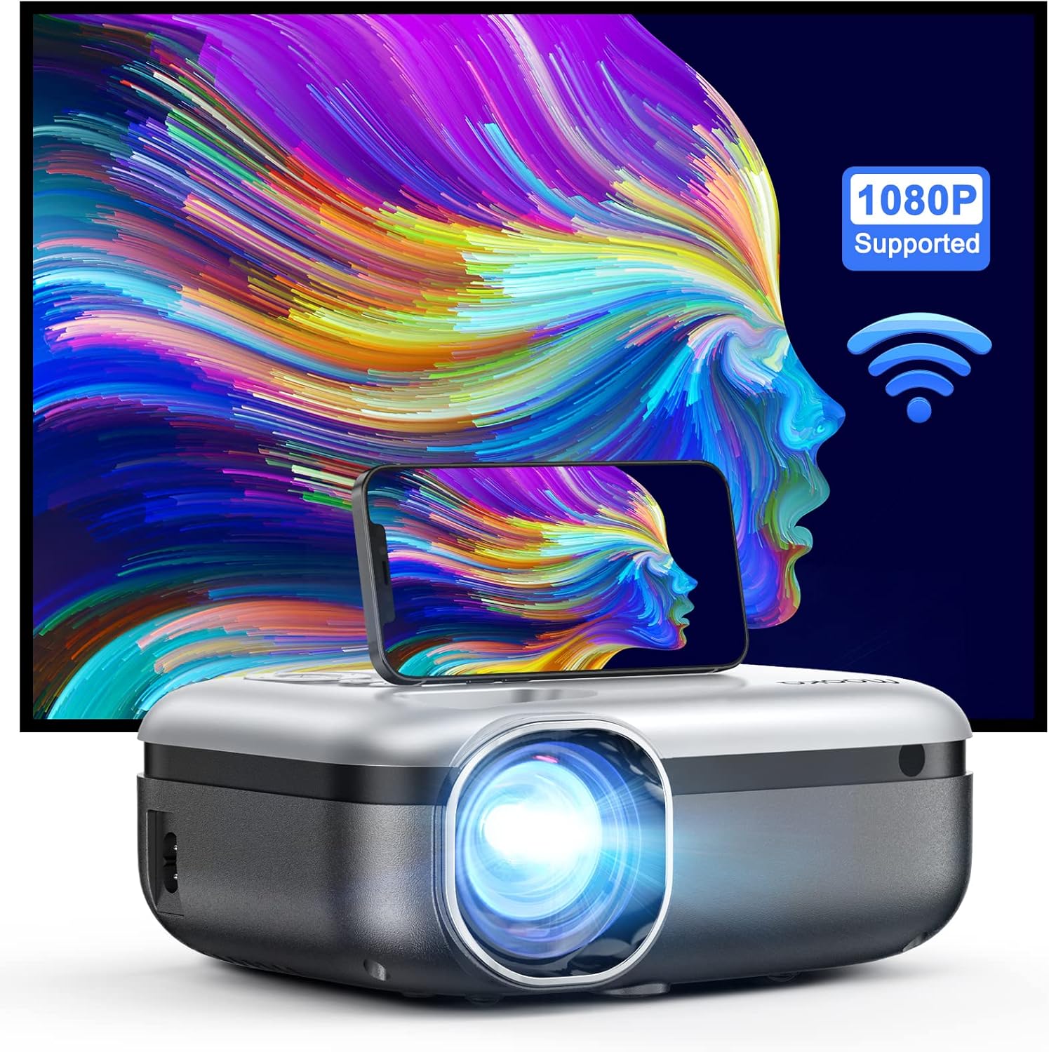 Outdoor Projector with WiFi, 1080P Full HD and 200" Supported Portable Projector 8000L Movie Projector Home Theater Compatible with TV Stick HDMI USB AV Smartphone Laptops Grey