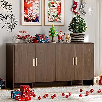 ONBRILL 60" Sideboard Buffet Cabinet with Storage, Curved Design Farmhouse Coffee Bar Cabinet with 4 Doors & Adjustable Shelves for Living Room, Kitchen, Hallway, Walnut