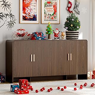 ONBRILL 60" Sideboard Buffet Cabinet with Storage, Curved Design Farmhouse Coffee Bar Cabinet with 4 Doors & Adjustable Shelves for Living Room, Kitchen, Hallway, Walnut