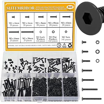 565 Pieces M2 Screws Nuts Washers Set Black, Sutemribor M2 x 4/6/8/10/12/16/20mm Countersunk Head Socket Cap Screws Nuts Washers Assortment Kit, 10.9 Grade Alloy Steel, Fully Threaded