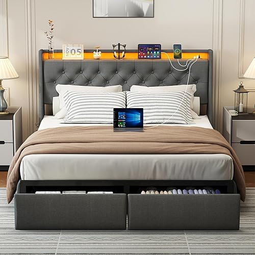 Miniatura 3 de Base de cama Queen con cabecero y 2 cajones de almacenamiento, base de cama tapizada con respaldo de alas tamaño Queen con estación de carga y LED,