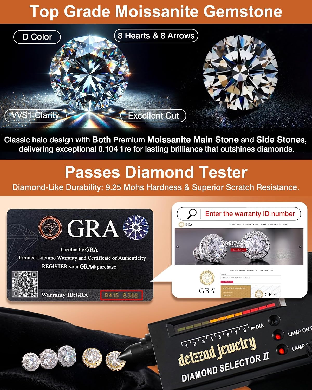Moissanite Earrings for Men, Solid S925 Sterling Silver and 18K Golden Plated Halo Stud Earrings for Women Valentine's Day Mother's Day - D Color VVS1 Hypoallergenic Dainty Moissanite Jewelry for Sensitive Ear, 0.2CT-10CT, 3-11mm