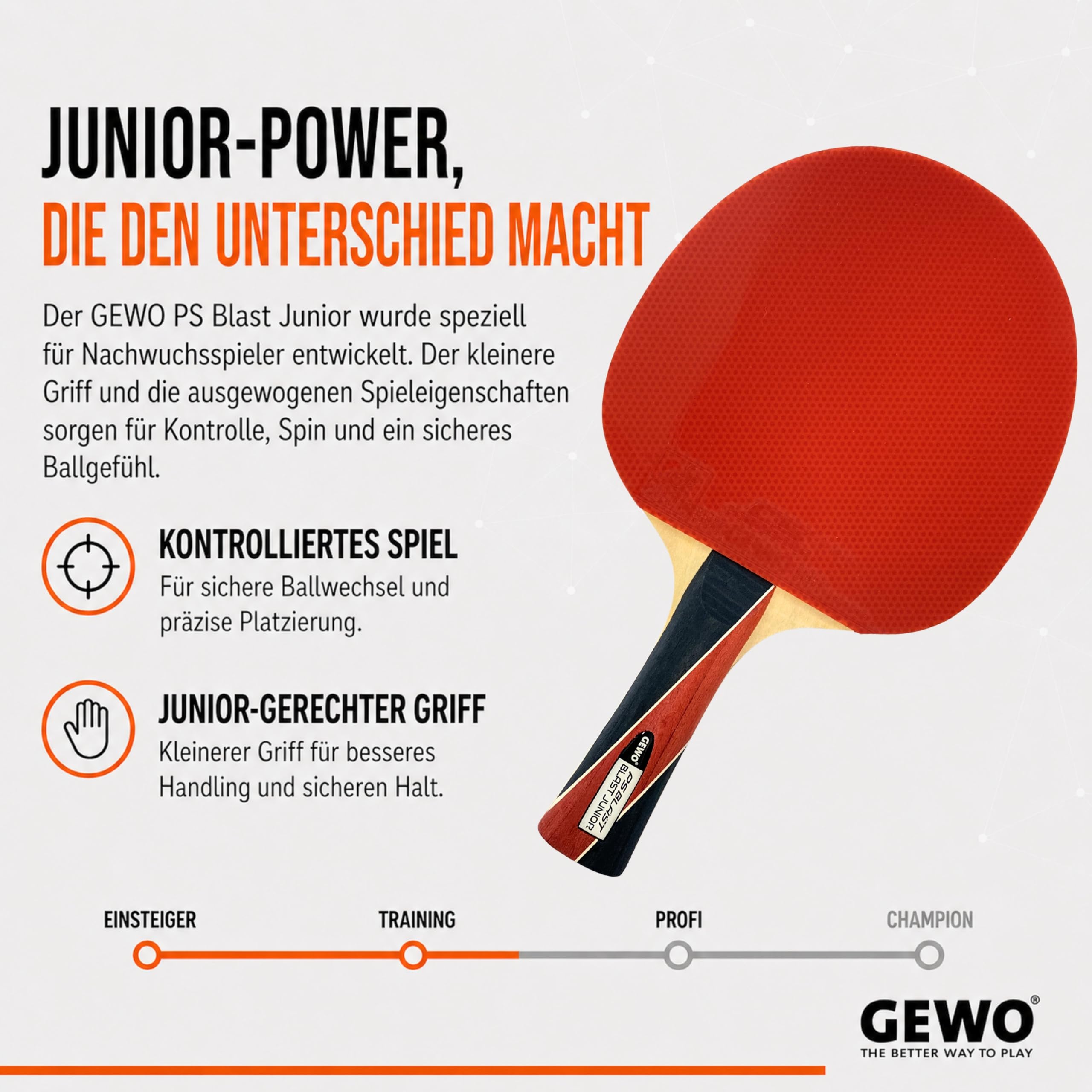 GEWO PS Blast Junior Tischtennisschläger - ITTF genehmigter Anfänger-Tischtennisschläger für Kinder und Jugendliche, Fertigschläger mit kontrolliertem Belag und hoher Rotation, konkav, 1,8mm Schwamm