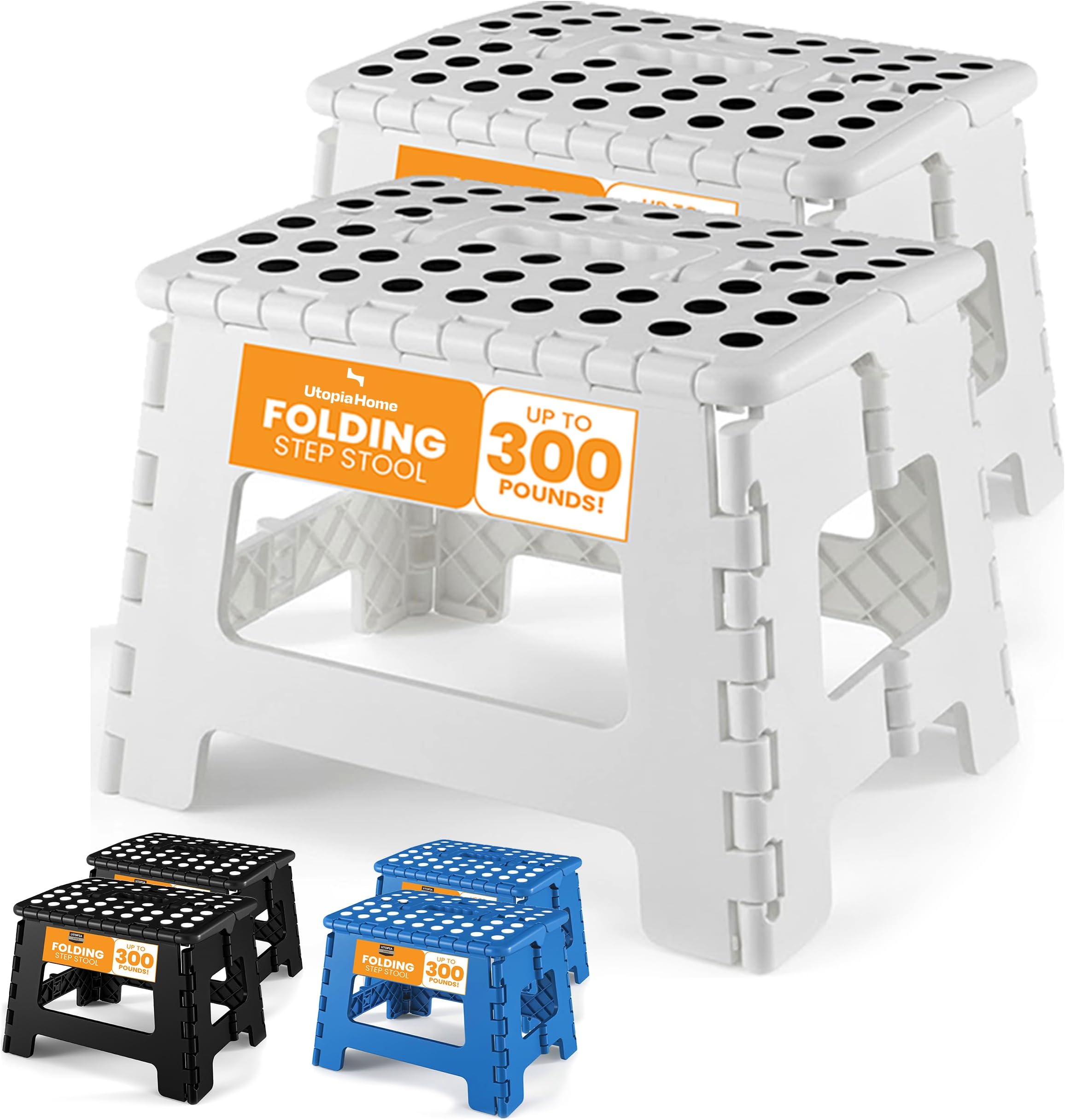 Utopia Home Folding Step Stool 9 Inch, Anti-Slip, White, 2-Pack | Foldable step stool with anti-slip surface, built-in handle, and 300 lbs support for safe home use.