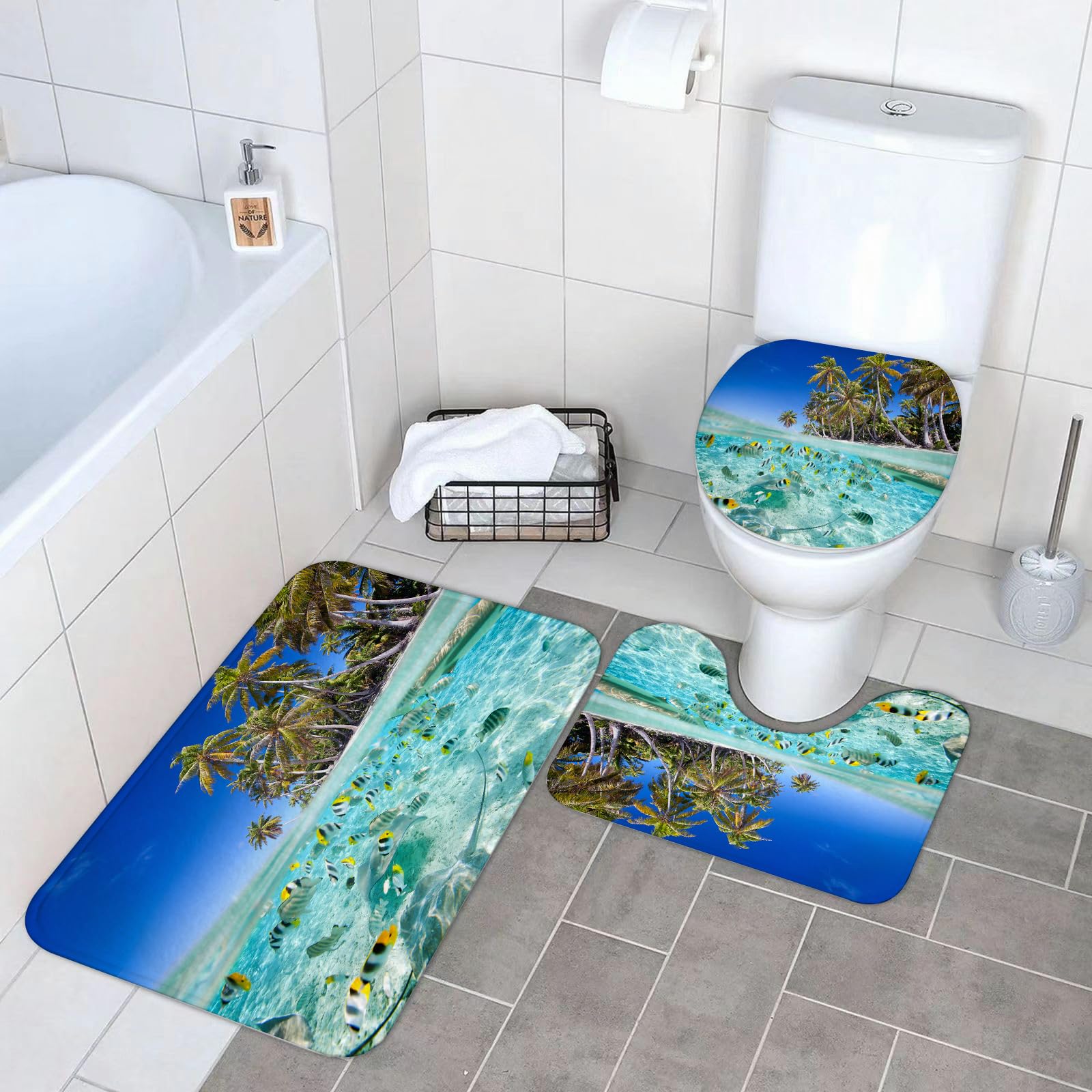 Set di 3 tappetini da Bagno, Lavabili in Lavatrice e Antiscivolo, tappetini in Morbida Fibra Superfine, Tropicale, Isola esotica sopra e sotto la Superficie, Costa incontaminata e