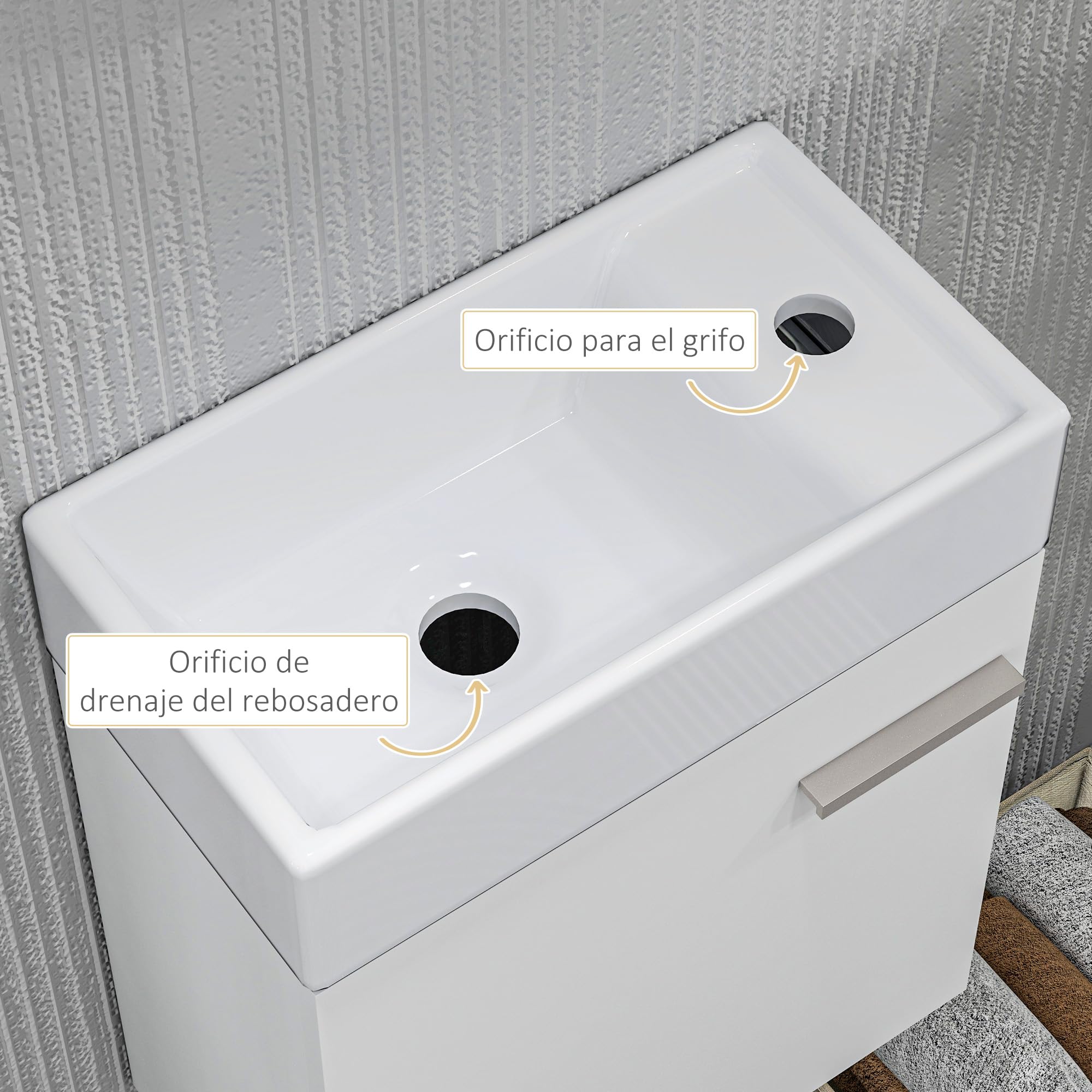 HOMCOM Mueble de Baño Estrecho con Lavabo de Pared 40x23x50cm Blanco Brillo | Mueble para Lavabo, con Puerta, Cierre Suave, Estilo Moderno