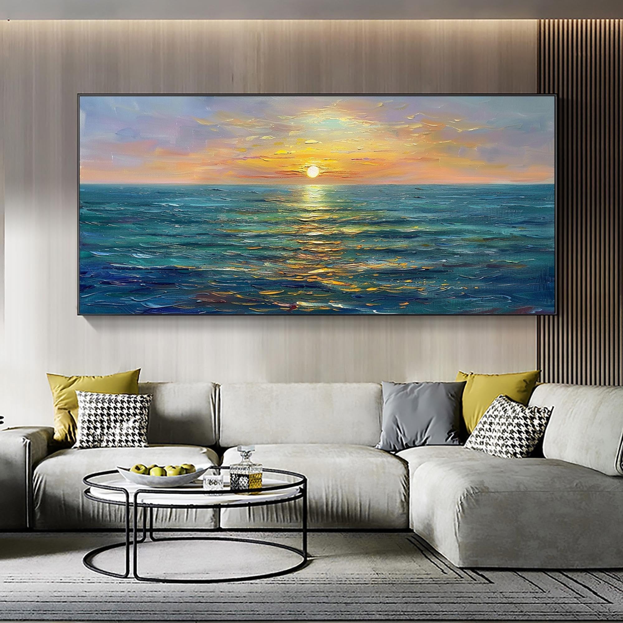 FGGIkio Large Wall Art, Sunset Seascape Oil Painting On Canvas, Abstract Sunrise Ocean Landscape Painting,For Living Room Decor(55x110cm/Frameless)
