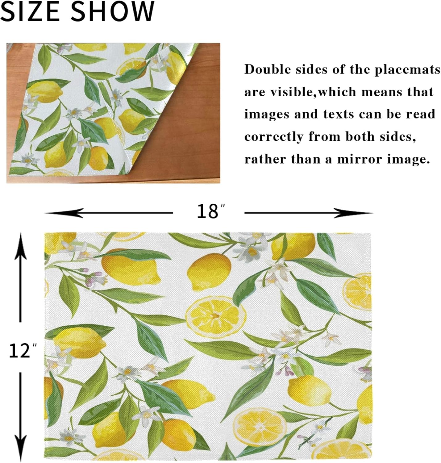 Lemon Flowers Placemats Set of 6 Washable Non-Slip Burlap Table Mats Heat Resistant Place Mats for Home Kitchen Dining Party 12 X 18 in