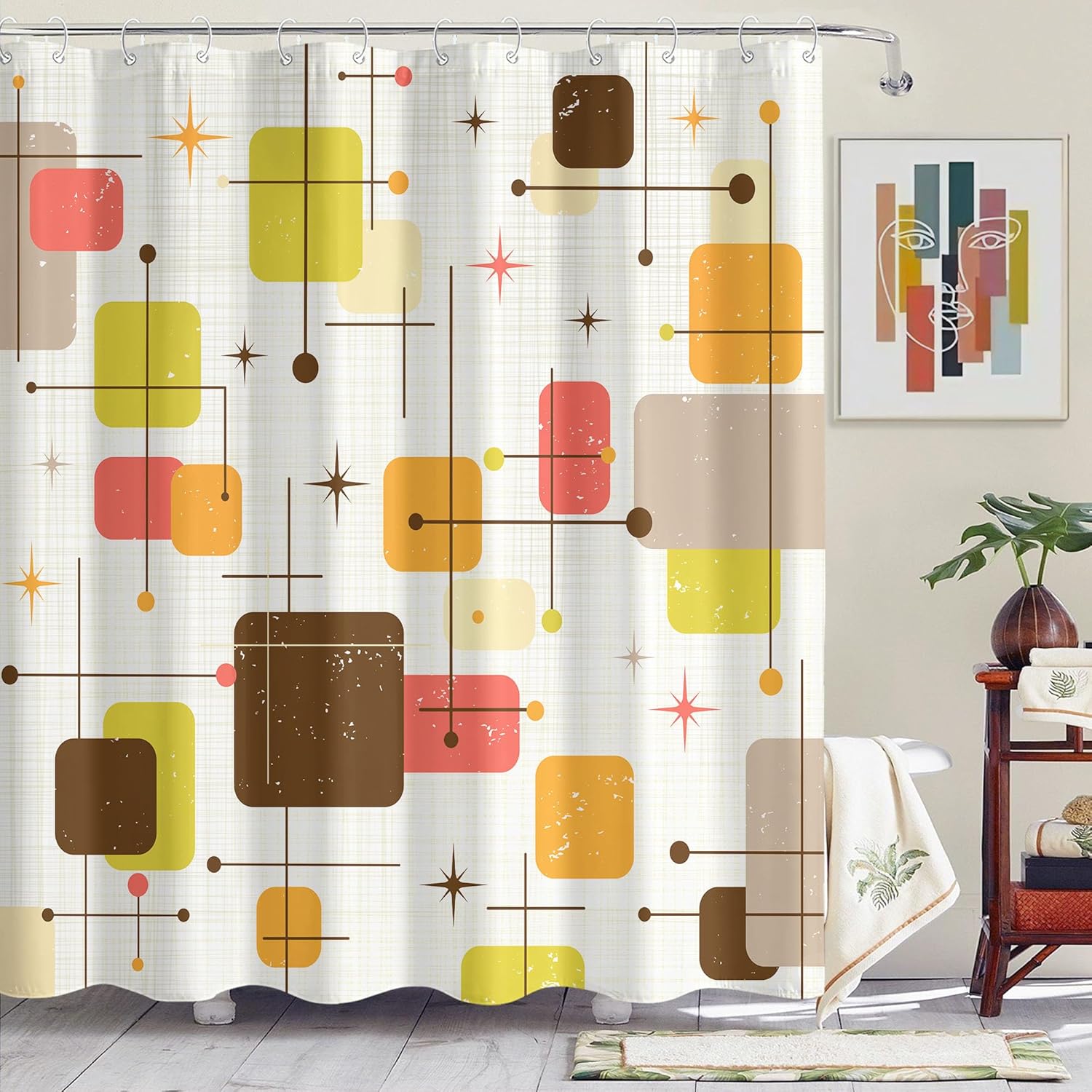 Pop Art Geometric Shower Curtain Set Abstract Blocks Print Waterproof Bathroom Decor Modern Colorful Home 72x72 Inch