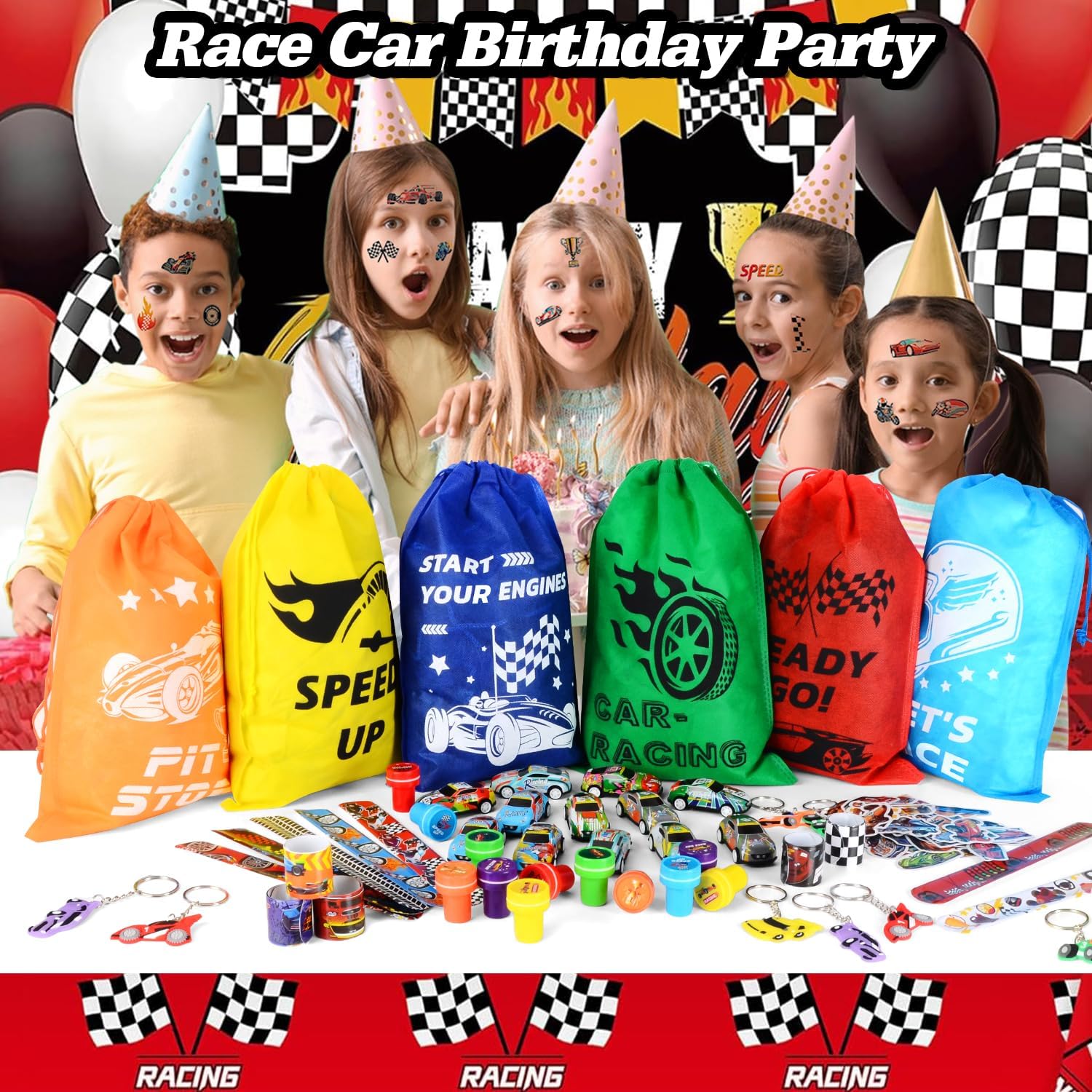 KISPATTI 122 PCS Race Car Party Favors, Racing Birthday Party Favors with Pull Back Cars Drawstring Bags Keychain Stamper Tattoo Stickers, Racecar Theme Party Supplies Goodie Bag for Boys Kids